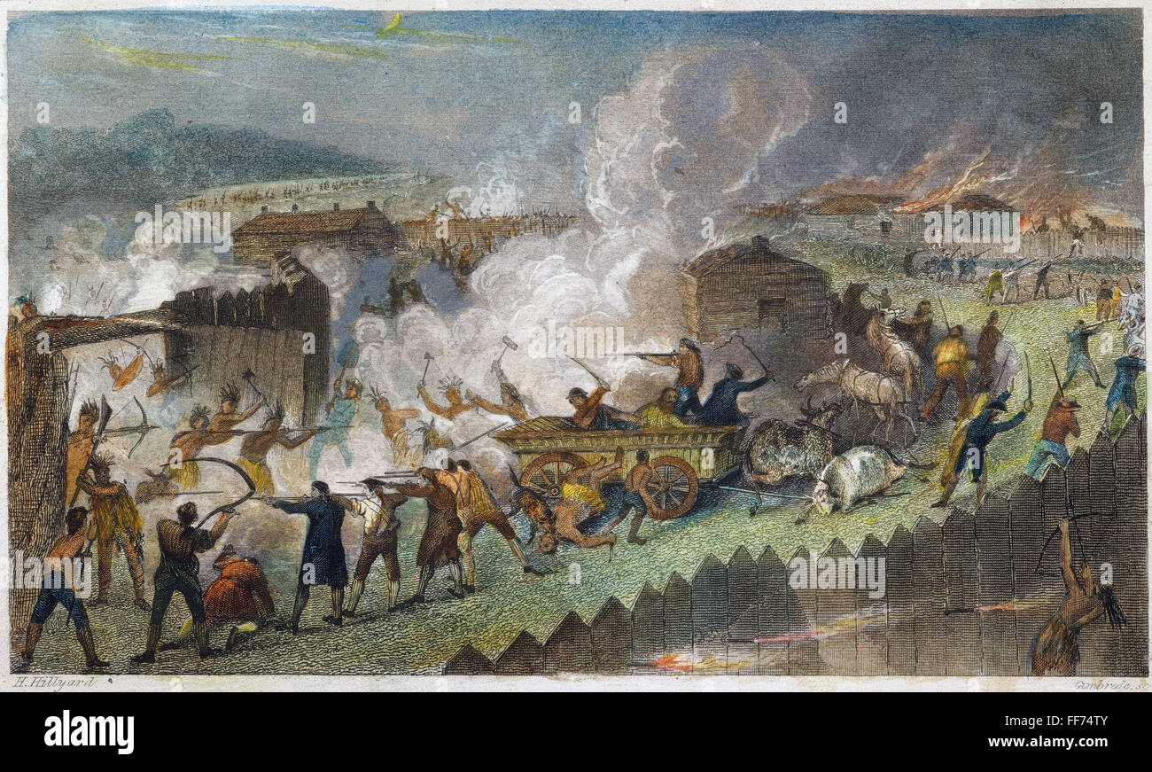 NATIVE AMERICAN ANGRIFF. /nNative Amerikaner angreifen einer Cumberland Valley-Siedlung im späten 18. Jahrhundert. Farbige Gravur, 1843. Stockfoto