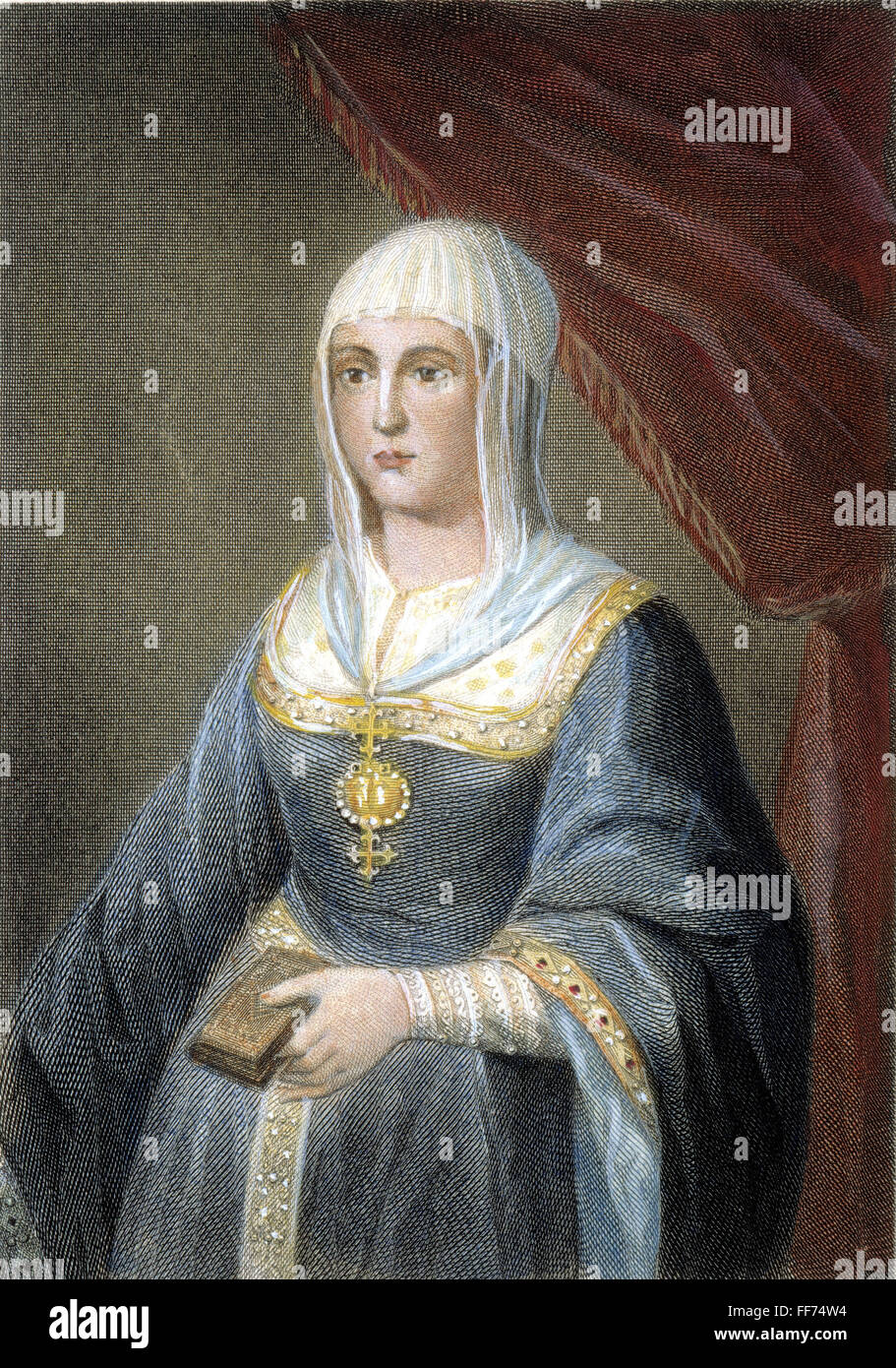 Königin ISABELLA ich /nof Kastilien und Aragon (1451-1504): Stahl, Gravur, Englisch, 1838. Stockfoto