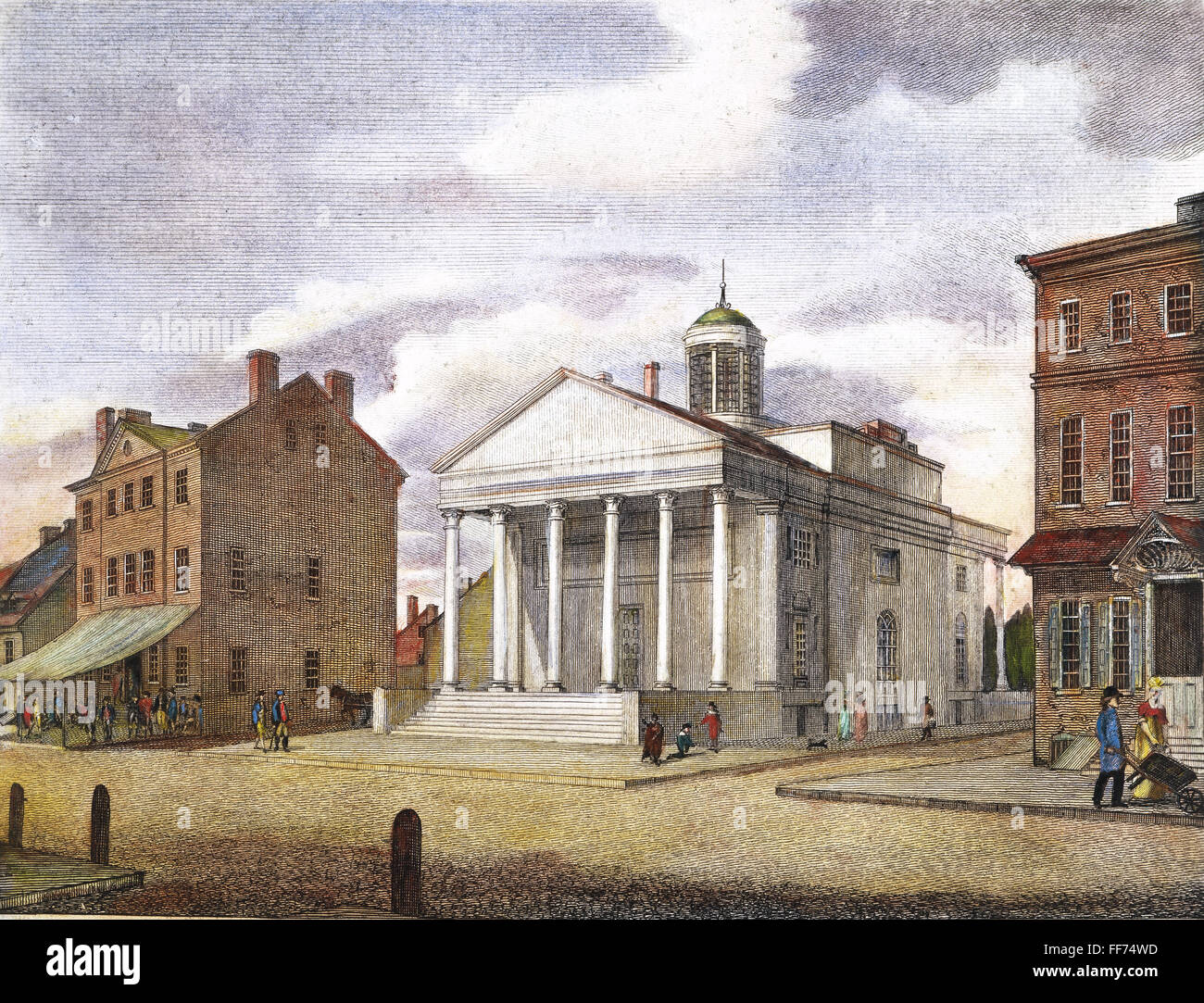 BANK VON PENNSYLVANIA, 1800. /nThe City Tavern (links) und der Bank of Pennsylvania, South Second Street, Philadelphia. Color Line Gravur, 1800, von William Birch & Sohn. Stockfoto