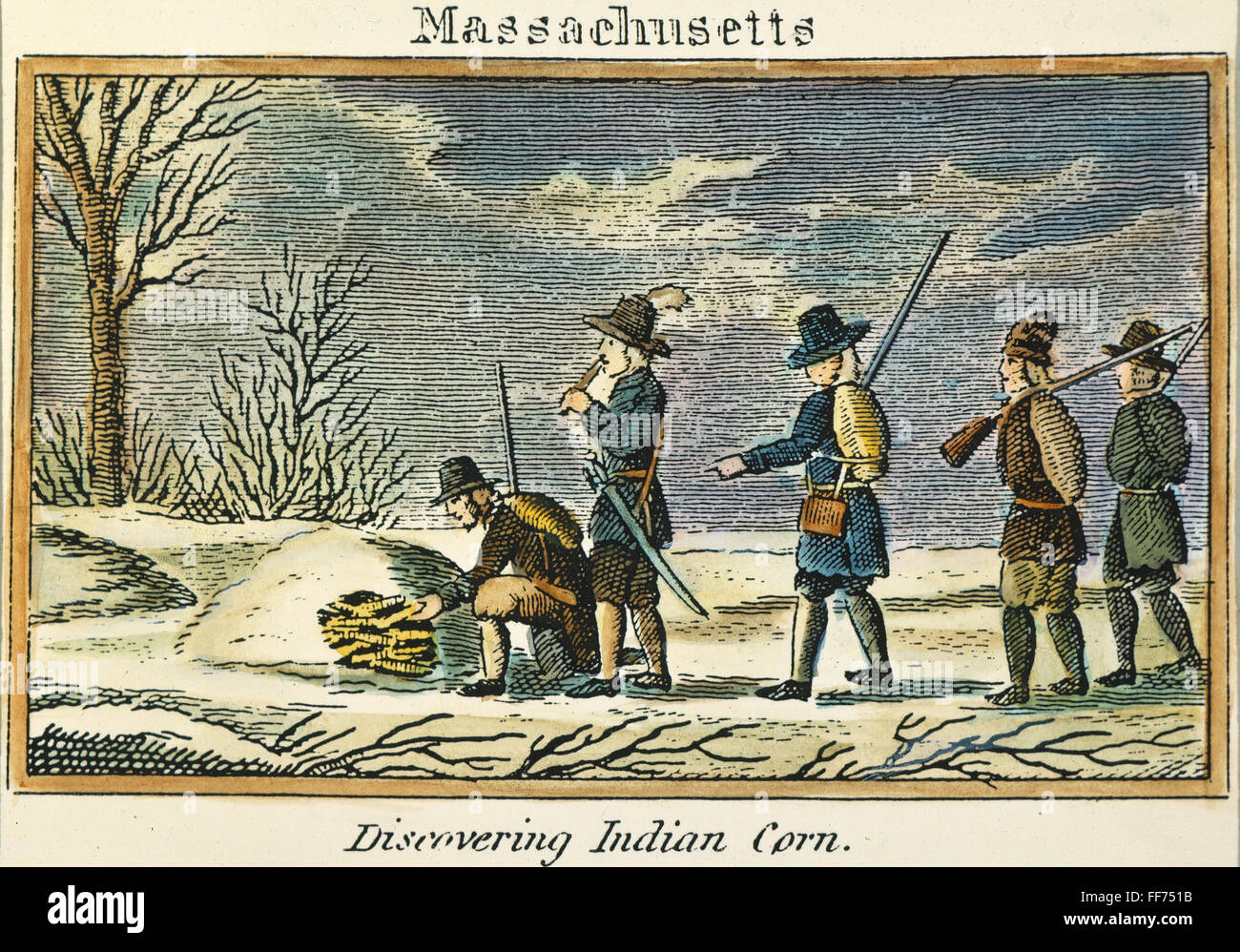 PILGER: INDIANISCHE MAIS. /nPilgrims indianische Mais zu entdecken. Linie, Gravur, amerikanisch, 1829. Stockfoto