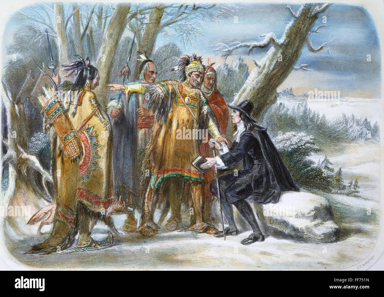 ROGER WILLIAMS (1603?-1683). /nRoger Williams geschützt durch den Narragansett Indianern. Farbige Gravur, 19. Jahrhundert. Stockfoto