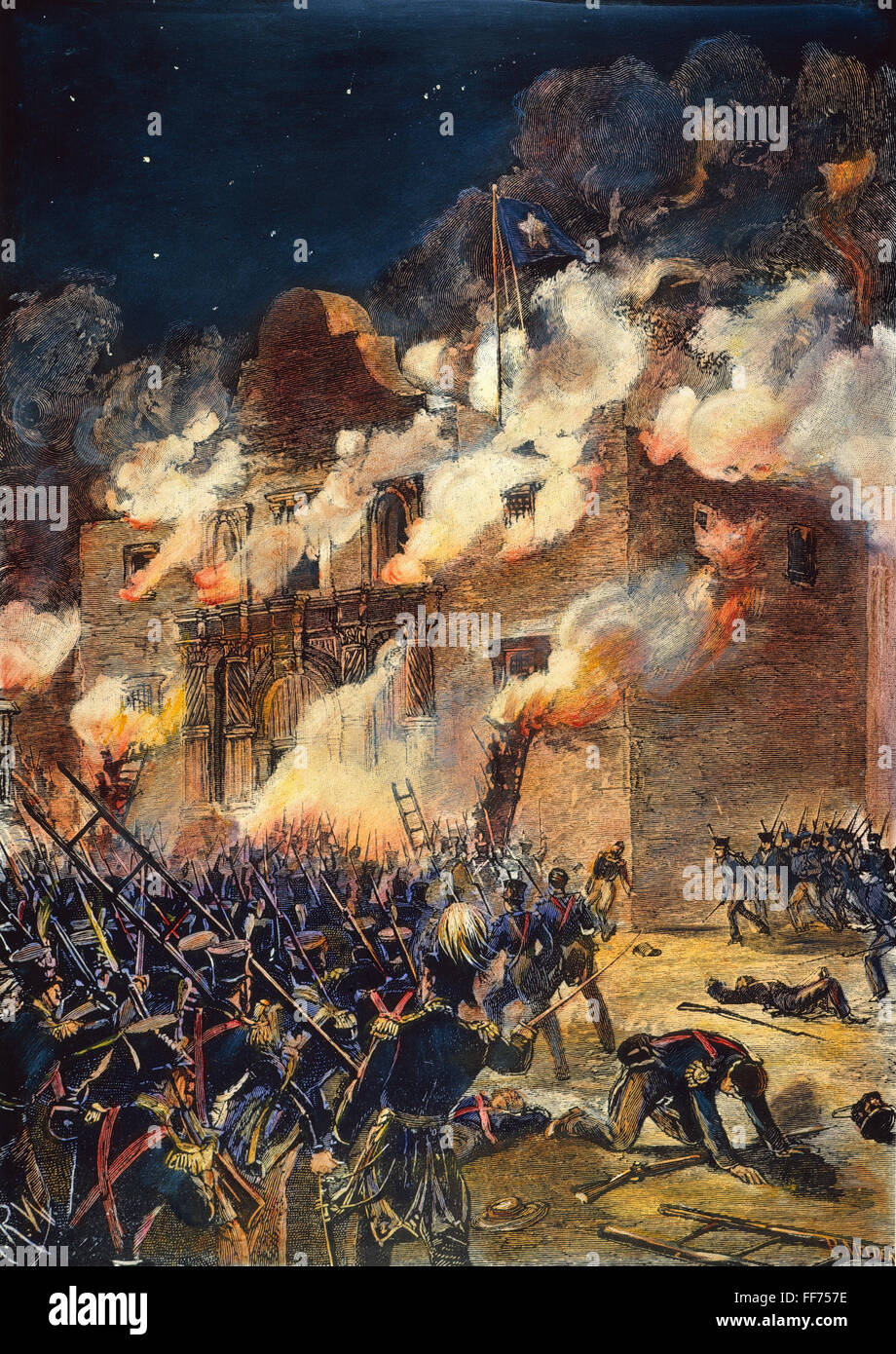 TEXAS: ALAMO, 1836. /nThe Belagerung von Alamo, 23 Februar-6. März 1836. Line-Gravur, 19. Jahrhundert. Stockfoto