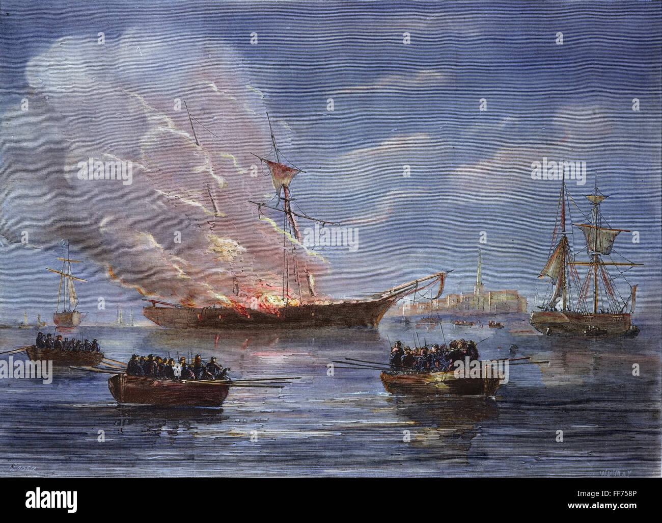GASPÉE BRENNEN, 1772. /nThe brennen, von einer Gruppe von Männern aus Providence, der das britische Schiff Gaspée auf Grund in der Narragansett Bay, 9. Juni 1772: farbige Gravur, 19. Jahrhundert. Stockfoto