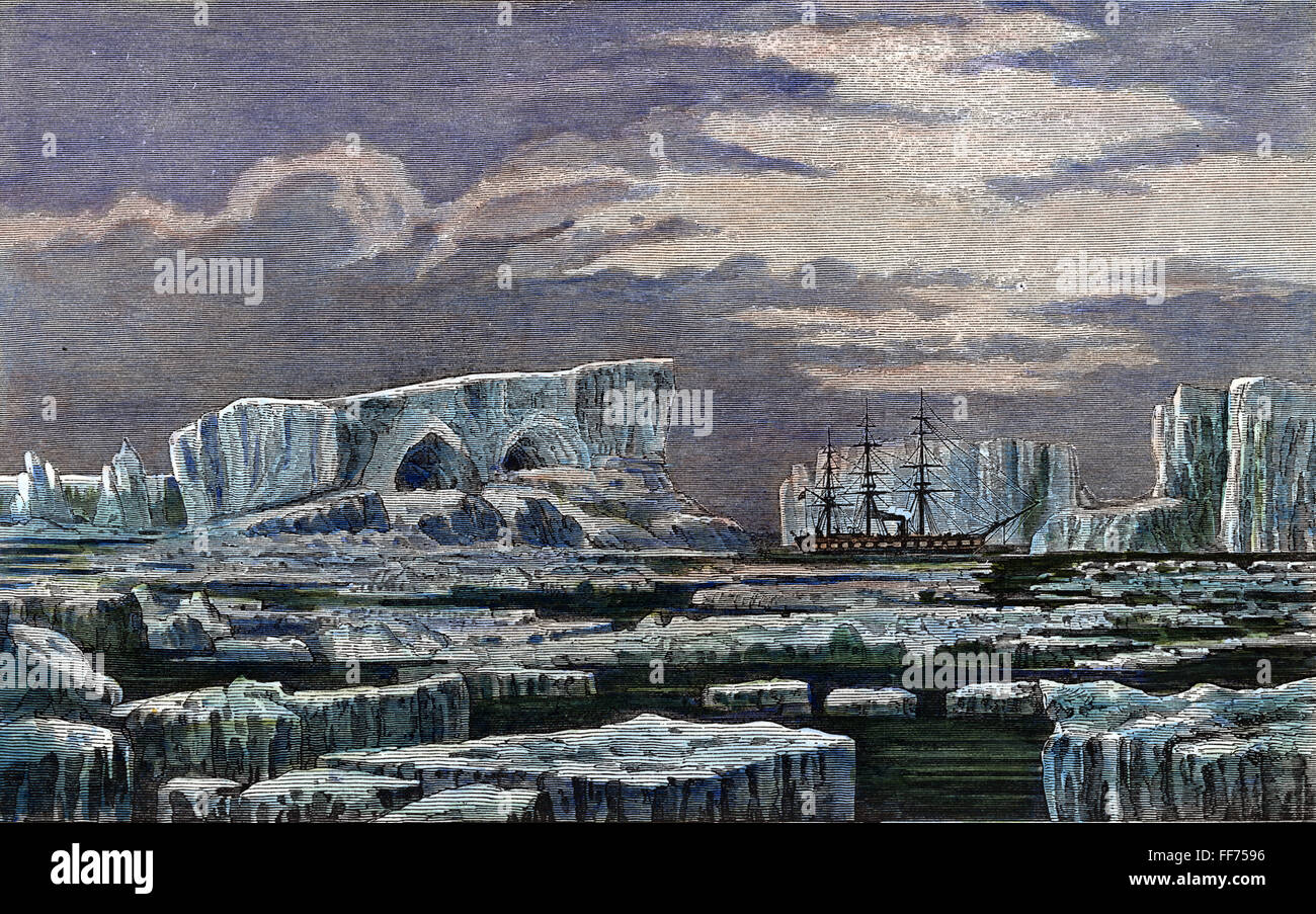 HMS CHALLENGER. / nDie britischen Forschungsschiff HMS Challenger in antarktischen Gewässern im Februar 1874. Zeitgenössischer Holzstich. Stockfoto