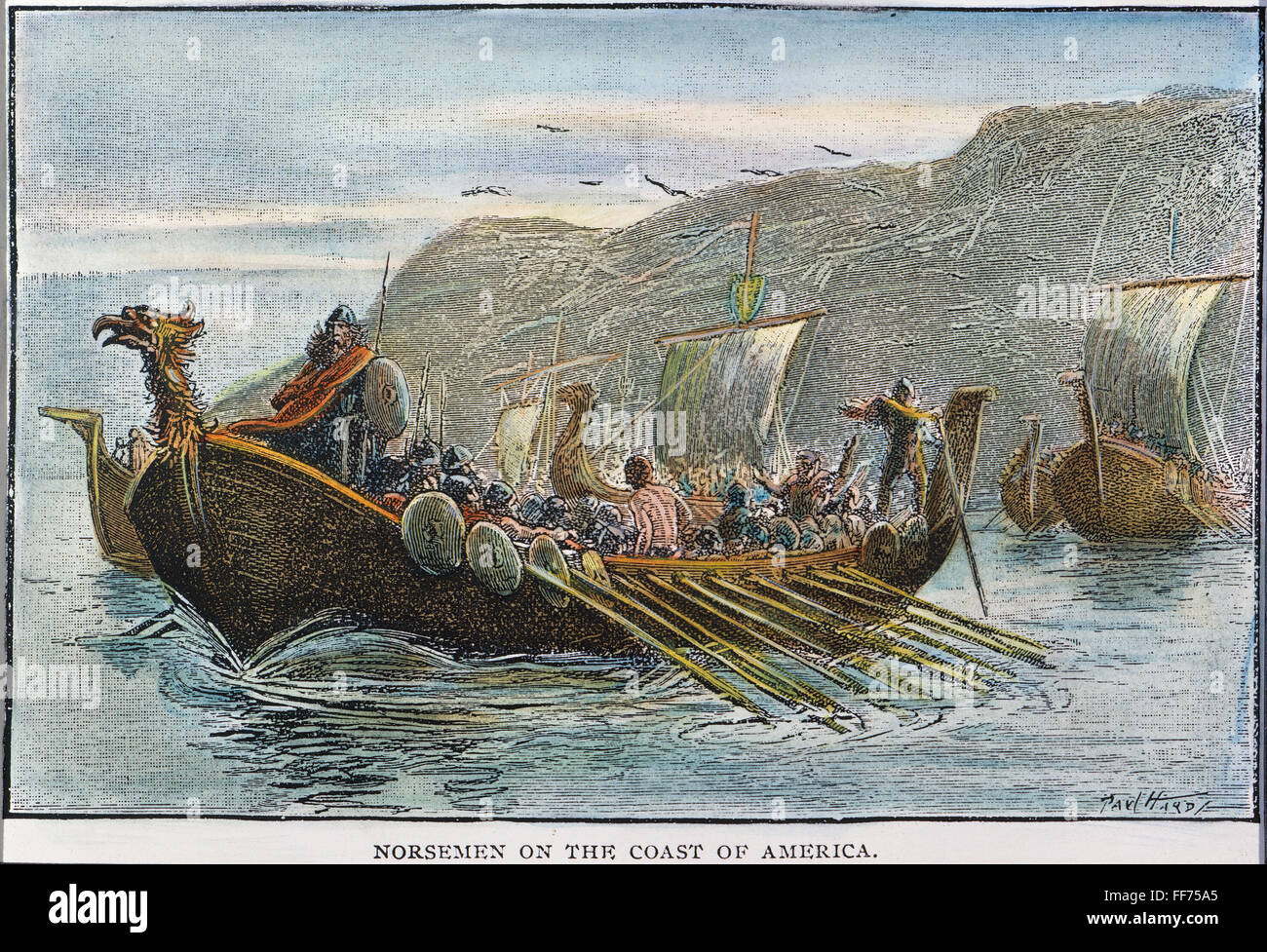 Wikinger Schiffe, c1000 A.D. /nNorsemen an der Küste von Amerika. Holzstich, amerikanisch, Ende des 19. Jahrhunderts. Stockfoto