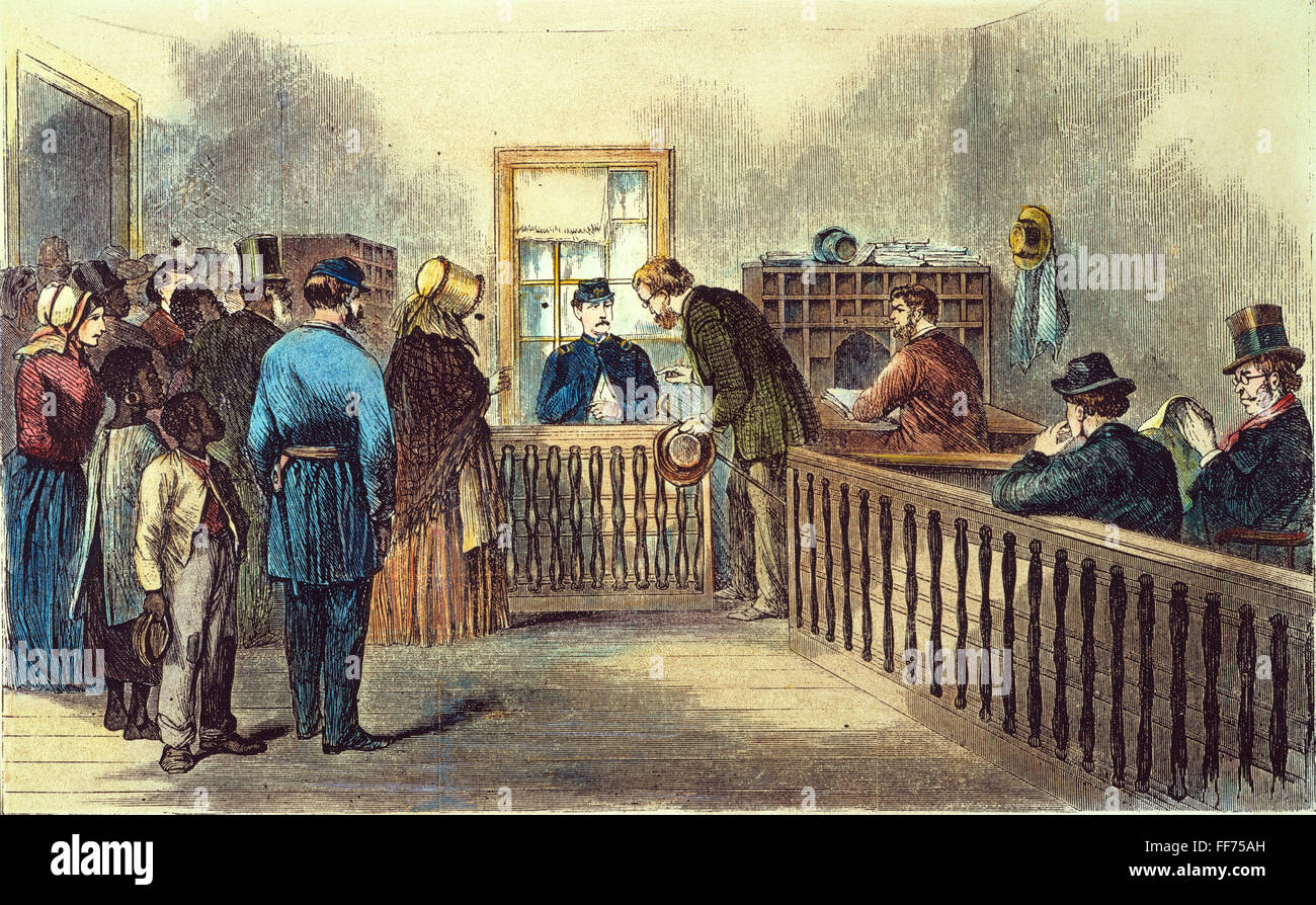 VA: FREEDMEN ES BUREAU 1866. /nOffice von Freedmen es Bureau in Richmond, Virginia: farbige Gravur, 1866. Stockfoto