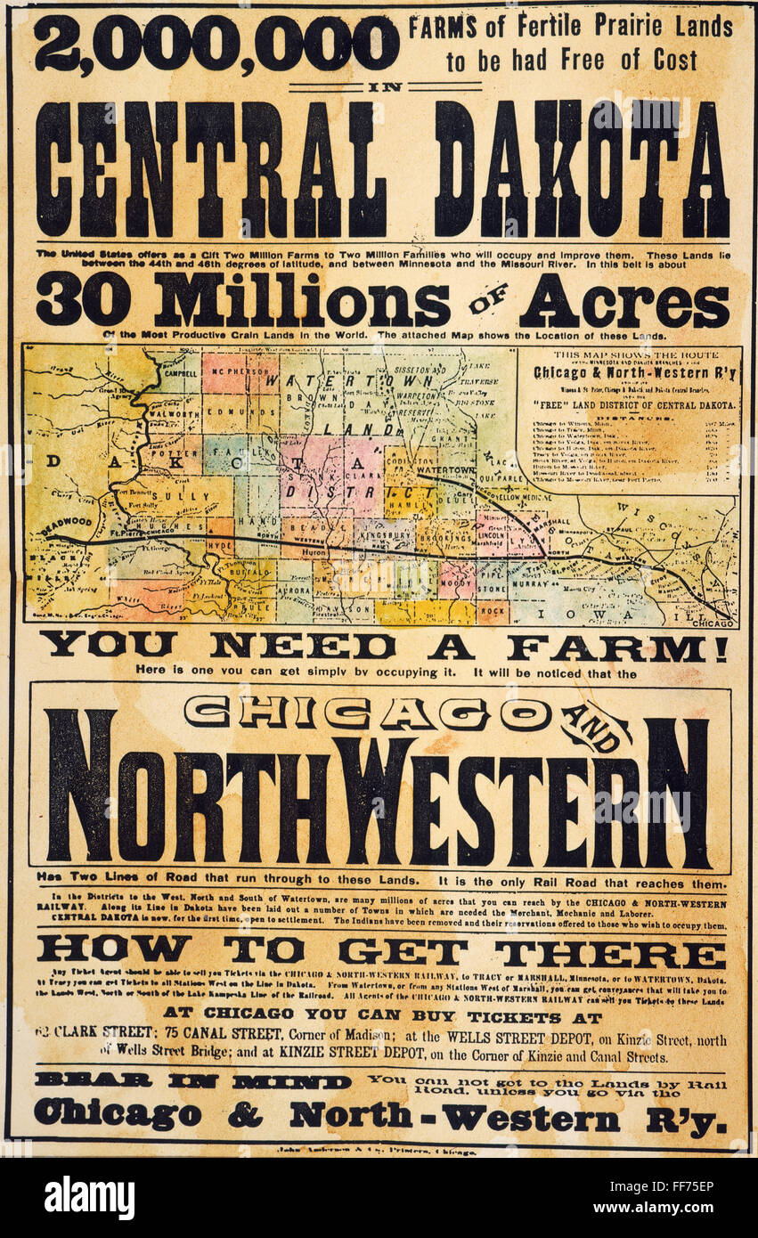 BAHN POSTER, DER 1870ER JAHRE. NUM Chicago and North Western Railway Poster von der 1870er Jahre Förderung frei Hof landet im Dakota-Territorium. Stockfoto