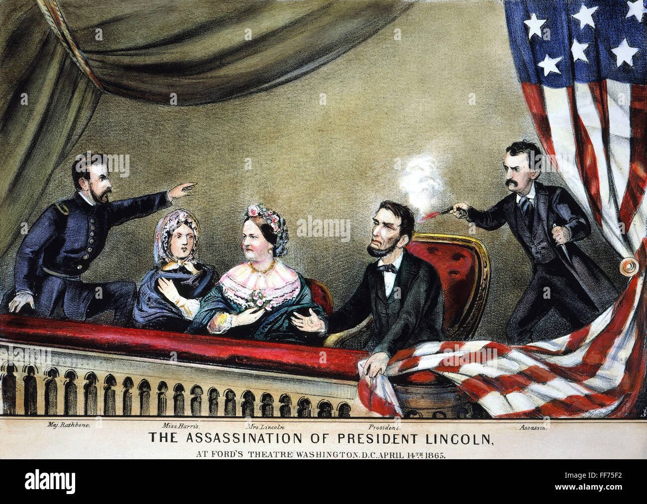 LINCOLN-ATTENTAT. /nThe Attentat auf Präsident Abraham Lincoln von John Wilkes Booth im Ford Theater, Washington, D.C., 14. April 1865. Lithographie, 1865, von Currier & Ives. Stockfoto