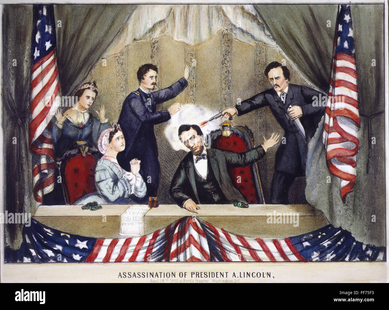 LINCOLN-ATTENTAT. /nThe Ermordung von Abraham Lincoln von John Wilkes Booth im Ford Theater, Washington D.C., 14. April 1865. Zeitgenössische Lithographie. Stockfoto
