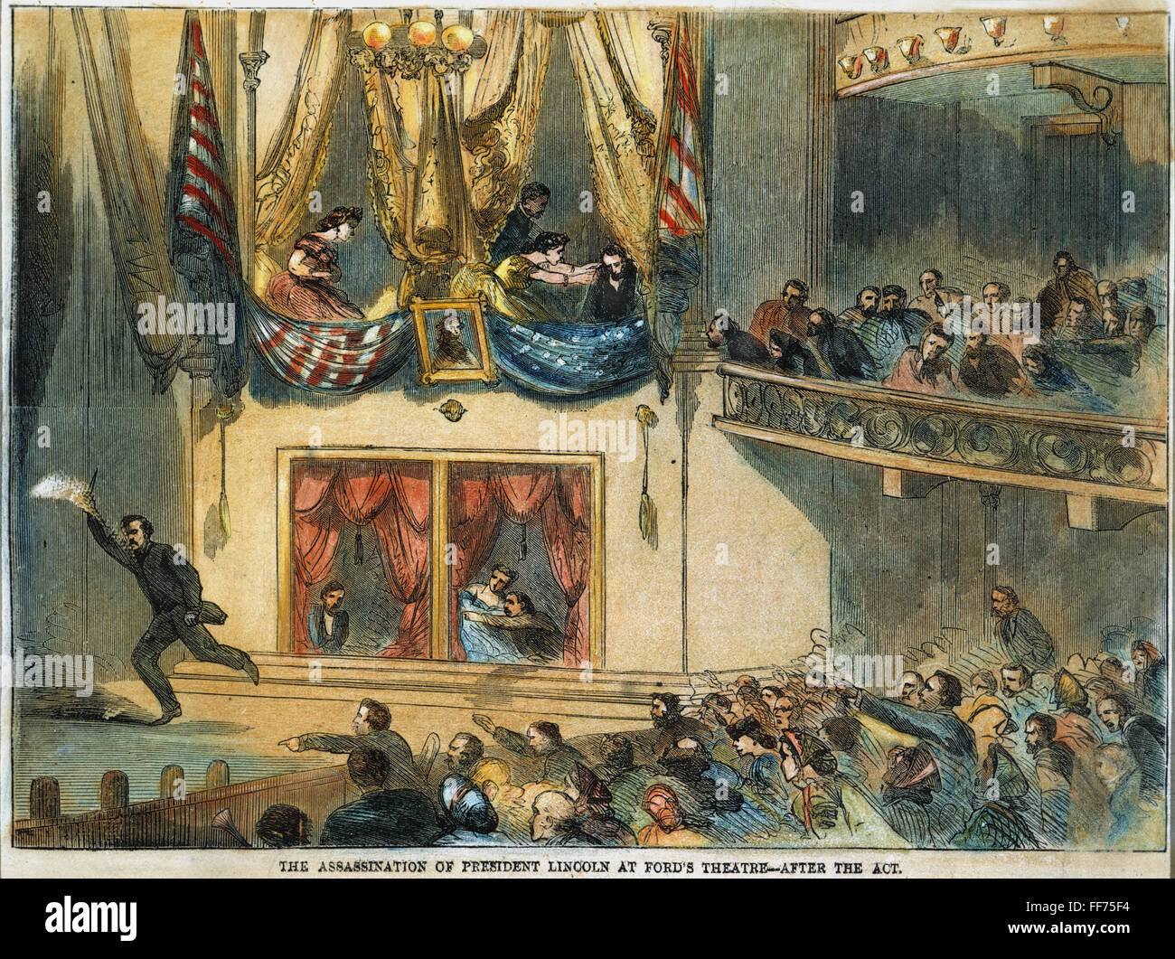 LINCOLN-ATTENTAT. /nThe Attentat auf Präsident Abraham Lincoln von John Wilkes Booth im Ford Theater, Washington, D.C., 14. April 1865. Zeitgenössischer Holzstich. Stockfoto