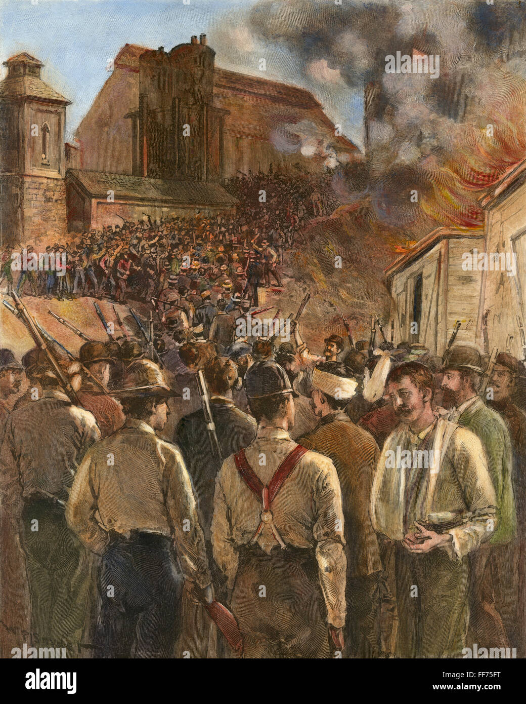 HOMESTEAD-STREIK, 1892. /nThe Pinkerton Männer verlassen die Schiffe nach der Kapitulation. Zeitgenössische Linie Gravur. Stockfoto