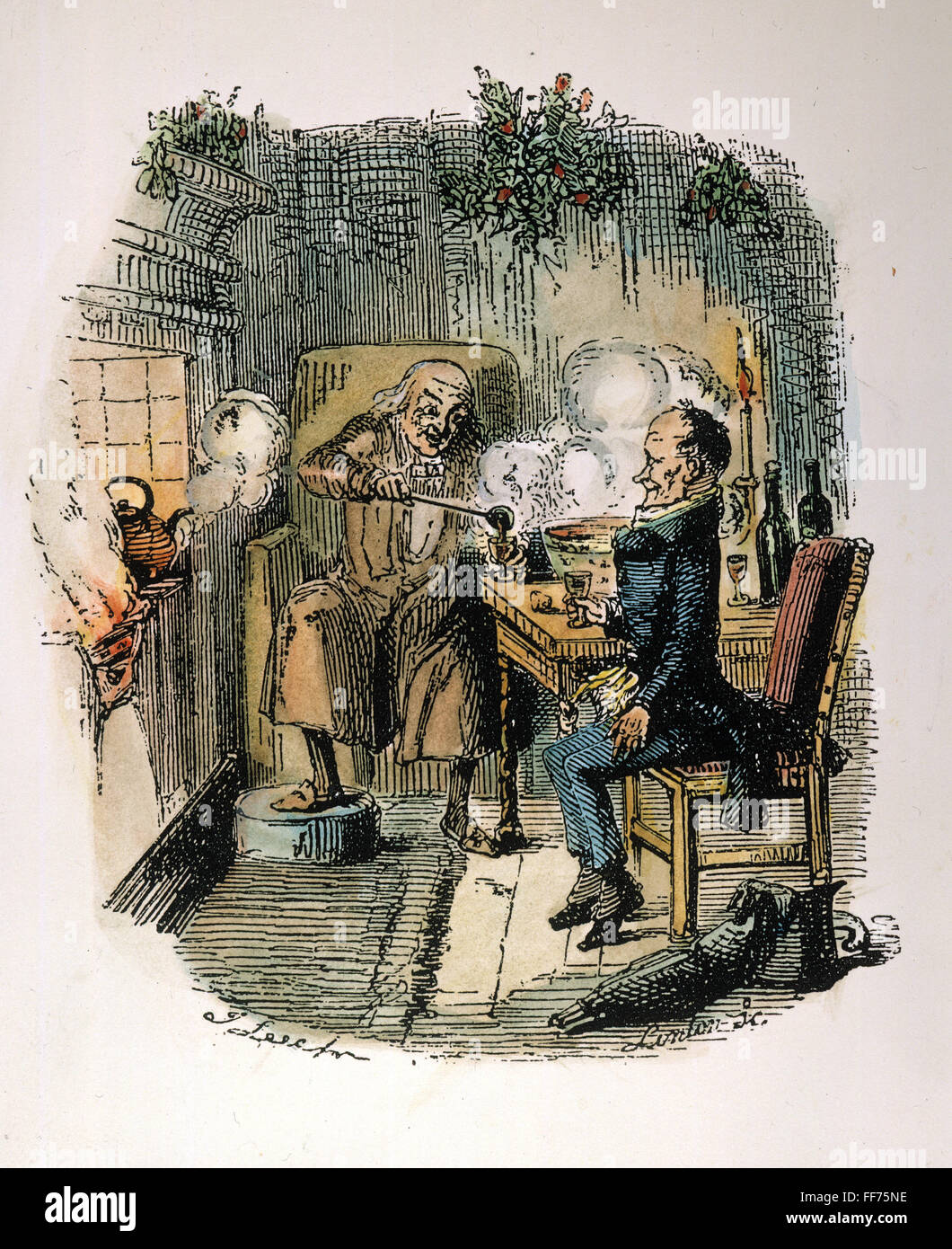 DICKENS: EINE WEIHNACHTSGESCHICHTE. /nEbenezer Scrooge und Bob Cratchit. Radierung von John Leech aus der Erstausgabe von Charles Dickens 'A Christmas Carol." Stockfoto
