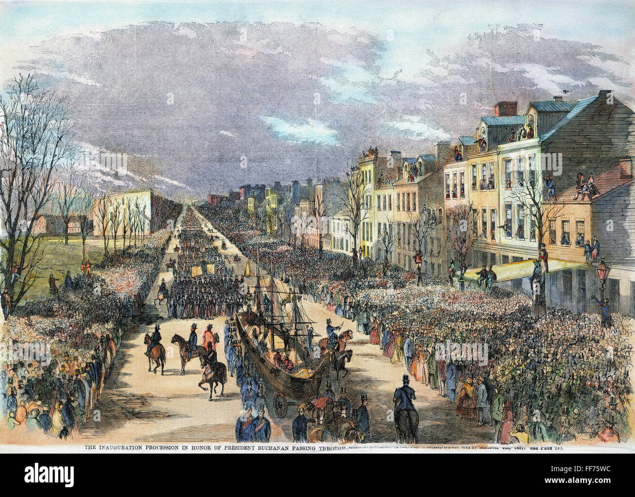 BUCHANAN-EINWEIHUNG. /nThe erste Prozession von Präsident James Buchanan entlang Pennsylvania Avenue, Washington, D.C., am 4. März 1857: zeitgenössische Gravur. Stockfoto