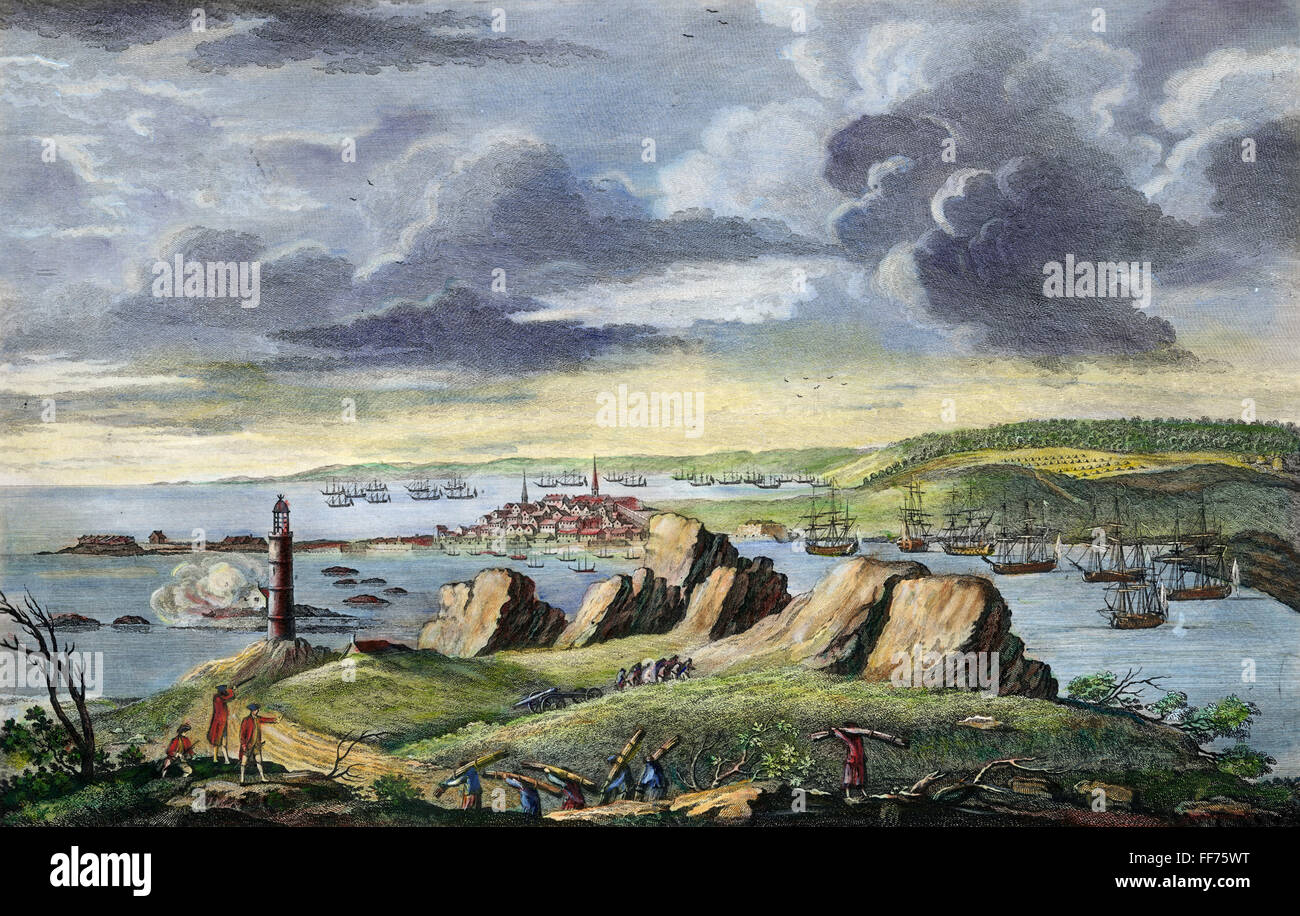 BELAGERUNG VON LOUISBOURG, 1758. /nThe Belagerung der französischen Festung Louisbourg auf Cape Breton Island, Nova Scotia, von den Briten unter Jeffrey Amherst im Jahr 1758. Farbe englische Linie Gravur, 1762. Stockfoto