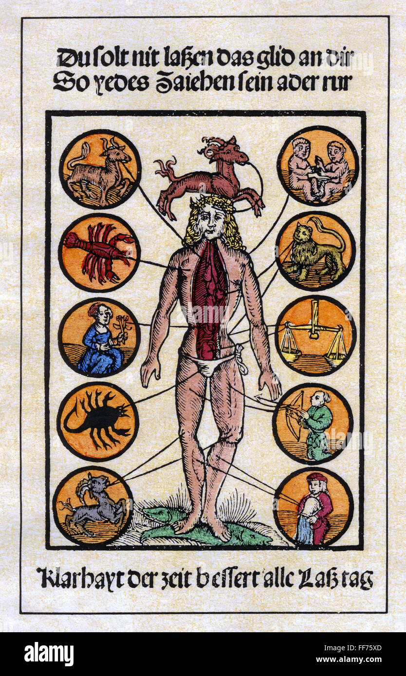 MANN DES SCHMERZES, 1512. /nThe Man of Sorrow als "Homo Signorum". Farbiger Holzschnitt von Johann Regiomontanus 'Kalendarius Teutsch", Augsburg. Stockfoto