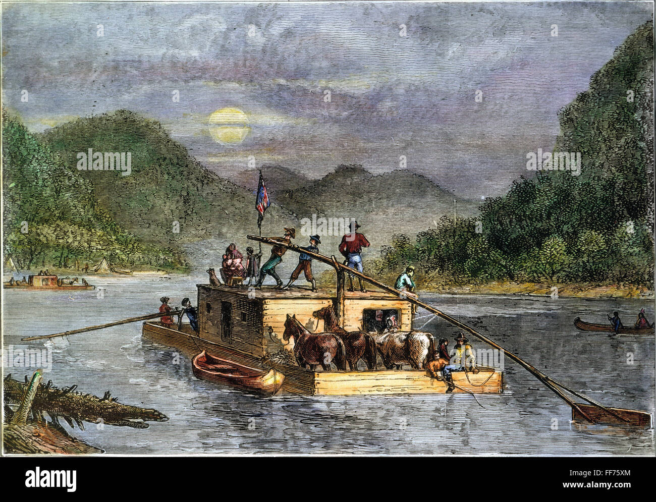 FLACHBOOT, 19. JAHRHUNDERT. /nEmigrants Reisen mit Flachboot auf dem Missouri River. Holz-Gravur, American, 19. Jahrhundert. Stockfoto