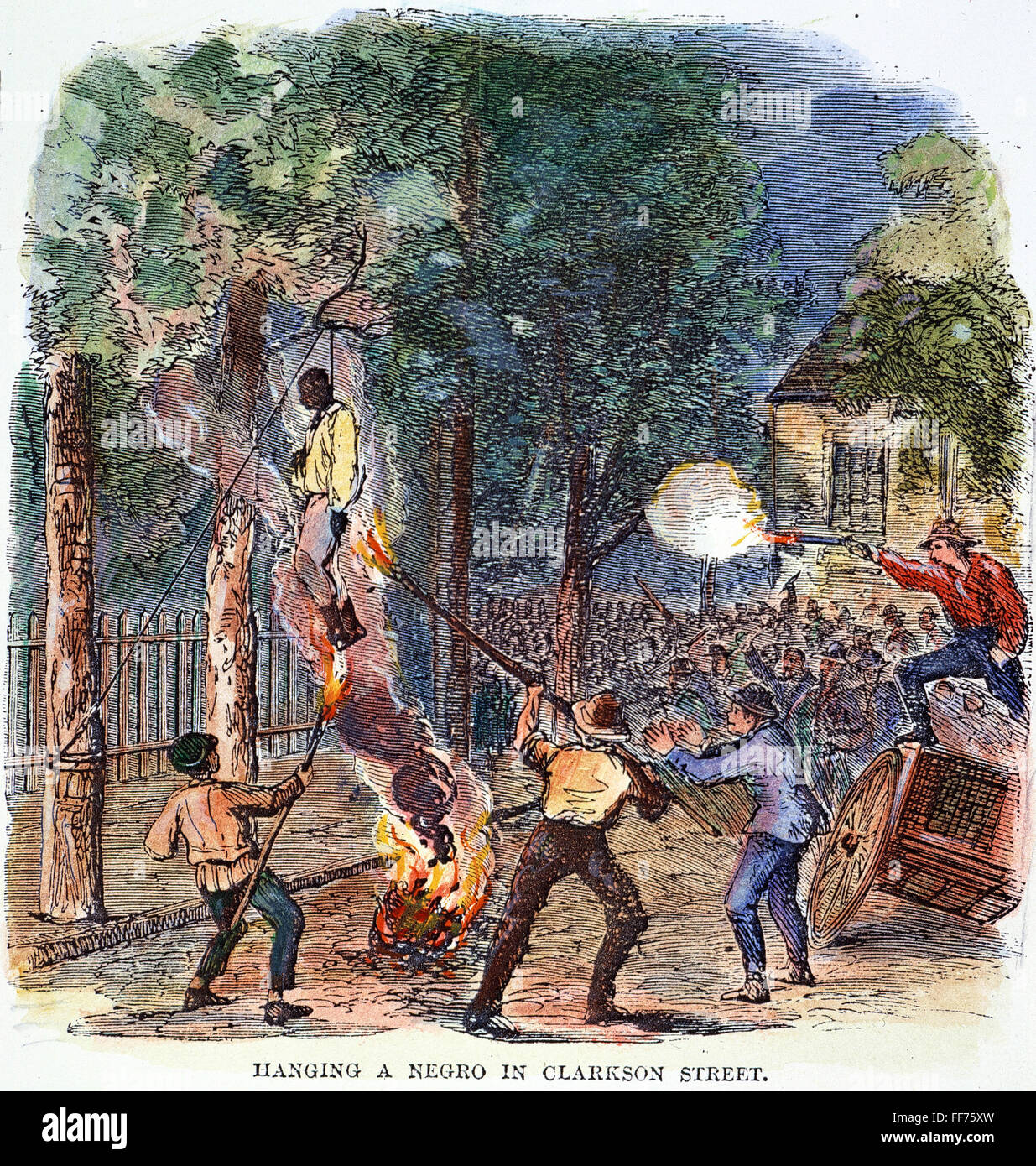 NEW YORK: LYNCHEN, 1863. /nHanging und brennen einen schwarzen Mann in Clarkson Street in New York City Draft Riots von 13.-16. Juli 1863. Zeitgenössische Farbe Gravur. Stockfoto