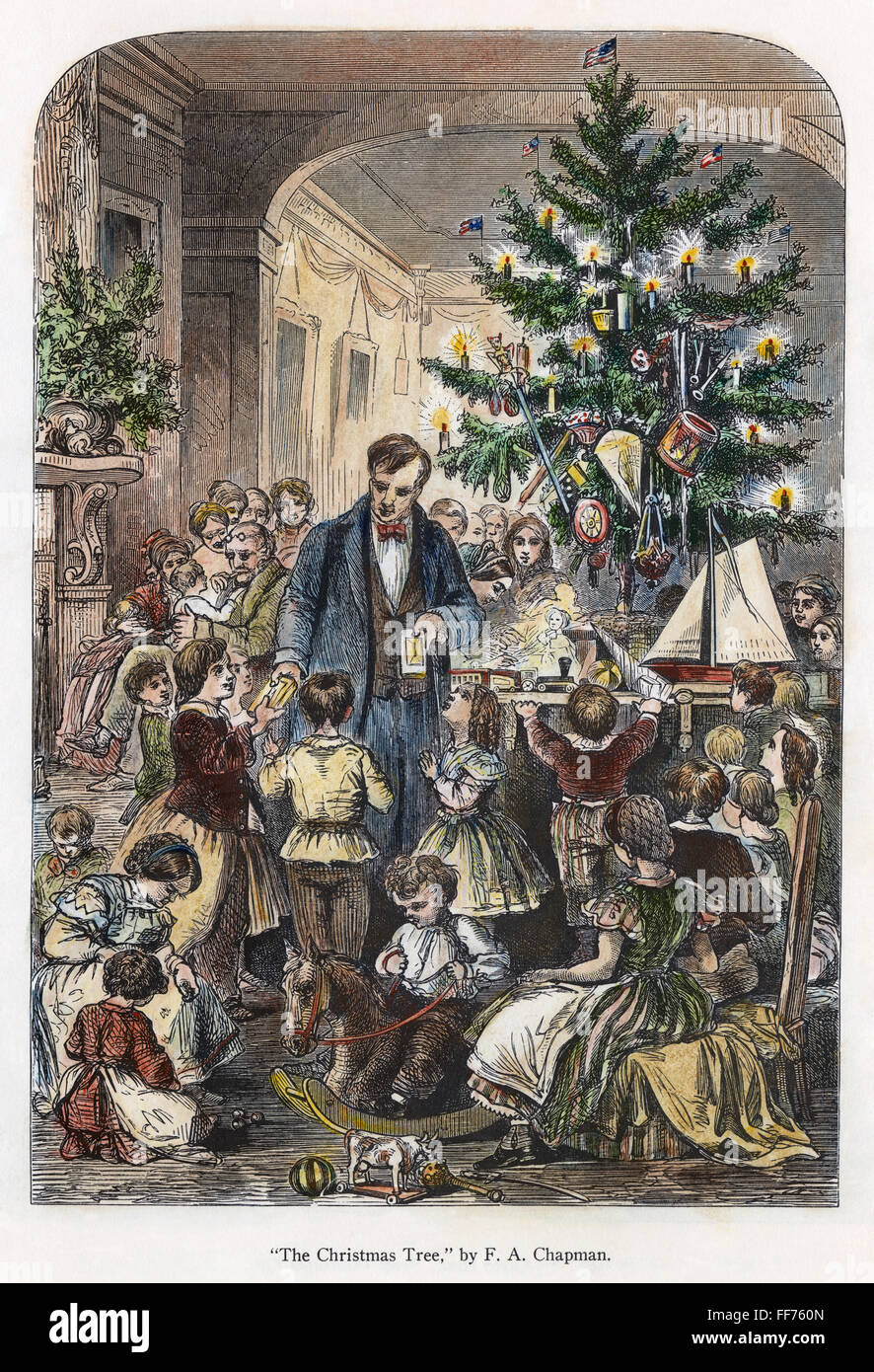 Weihnachten, c1870. /nPassing, Weihnachten präsentiert um den Baum herum. Amerikanische Gravur, c1870. Stockfoto