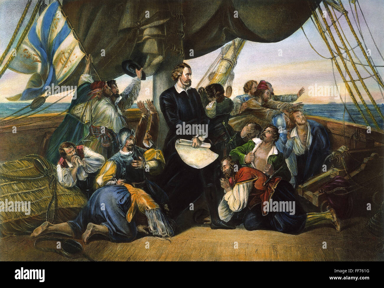 COLUMBUS: NEUE WELT, 1492. /nThe ersten Blick von der neuen Welt (Columbus entdeckt Amerika). Amerikanische Lithographie, 1892, nach einem Gemälde von 1846 von Christian Ruben. Stockfoto