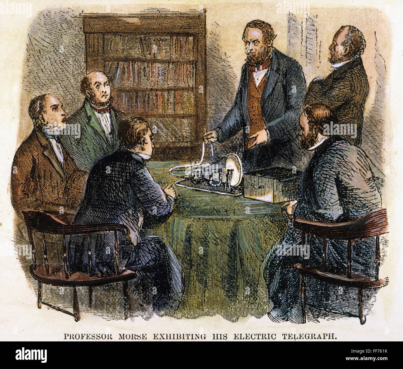 SAMUEL F.B. MORSE (1791-1872) / Ndemonstrating seine Telegraph: farbige Gravur, 19. Jahrhundert. Stockfoto