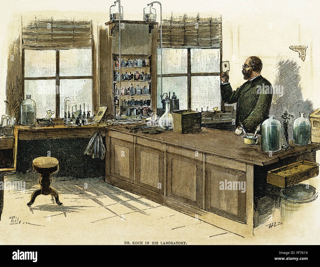ROBERT KOCH (1843-1910). /nGerman Arzt und Pionier Bakteriologe. In seinem Labor. Line-Gravur, 1890. Stockfoto