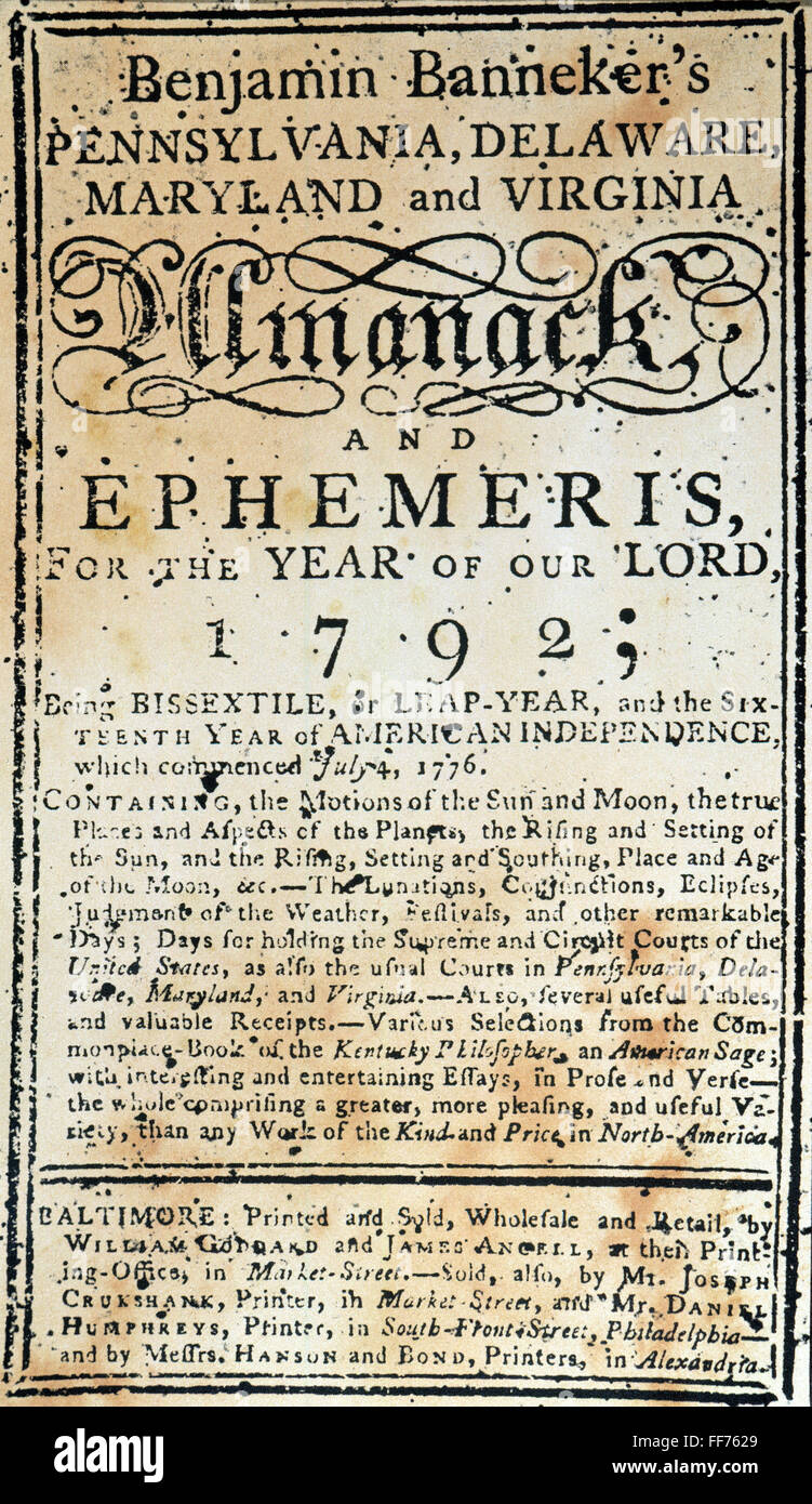BANNEKER ALMANACH, 1792. /nThe Titelseite des Benjamin Bannekers "Almanach" für 1792, veröffentlicht in Baltimore. Stockfoto