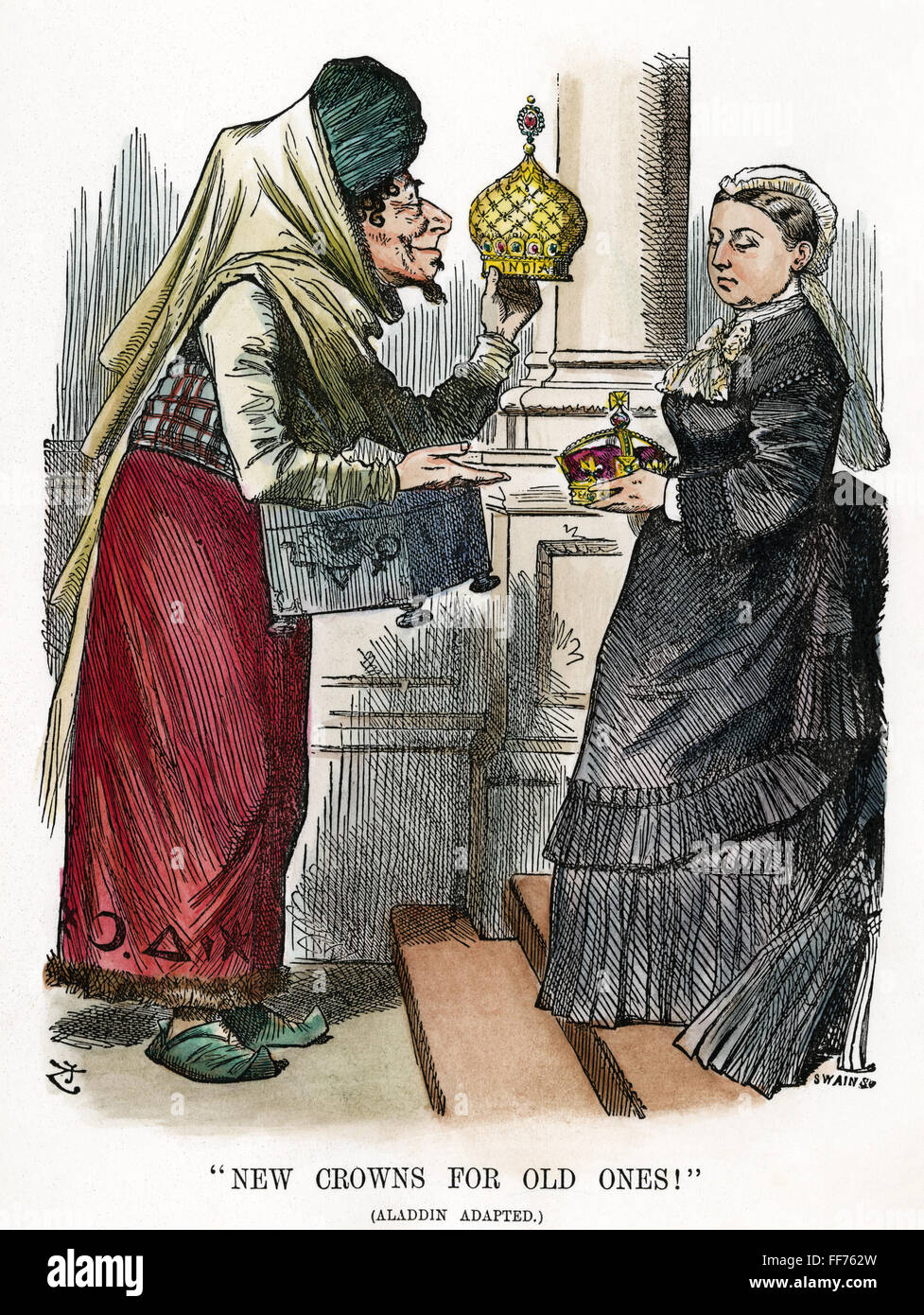 KÖNIGIN VICTORIA CARTOON. /n'New Kronen für alten! " Cartoon, Titel 1876, von John Tenniel auf die Unbeliebtheit des Benjamin Disraelis Maßnahme für das Hinzufügen des Royal, die "Kaiserin von Indien." Stockfoto