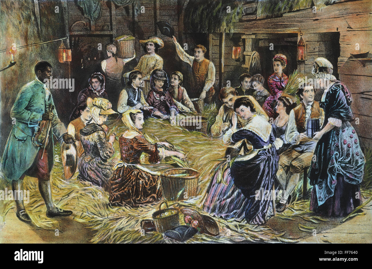 HUSKING BEE /nin aus dem 18. Jahrhundert Kolonialamerika. Lithographie, 19. Jahrhundert. Stockfoto
