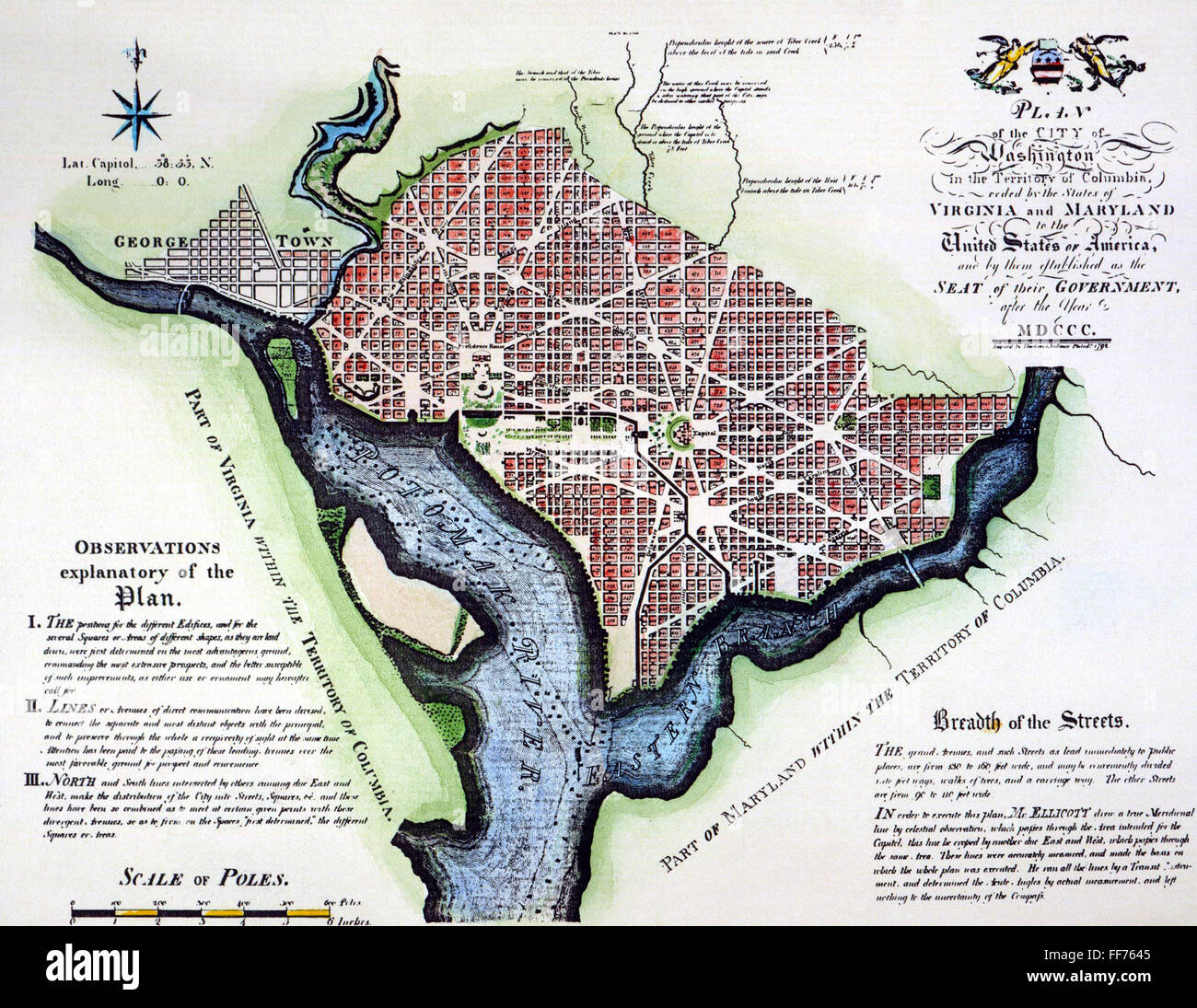 WASHINGTON, DC, PLAN, 1792. /nAndrew Ellicott eingraviert Karte von 1792, basierend auf Pierre Charles L'Enfant Manuskript-Plan, der als der endgültige Plan für die Bundesrepublik von Washington vom Kongress verabschiedet wurde. Stockfoto