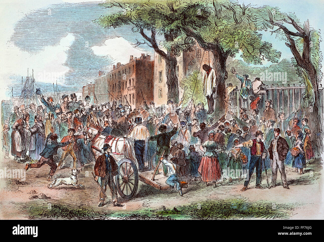 NEW YORK: LYNCHEN, 1863. /nThe Mob lynchen einen schwarzen Mann in Clarkson Street in New York City Draft Riots von 13.-16. Juli 1863: zeitgenössische farbige Gravur. Stockfoto