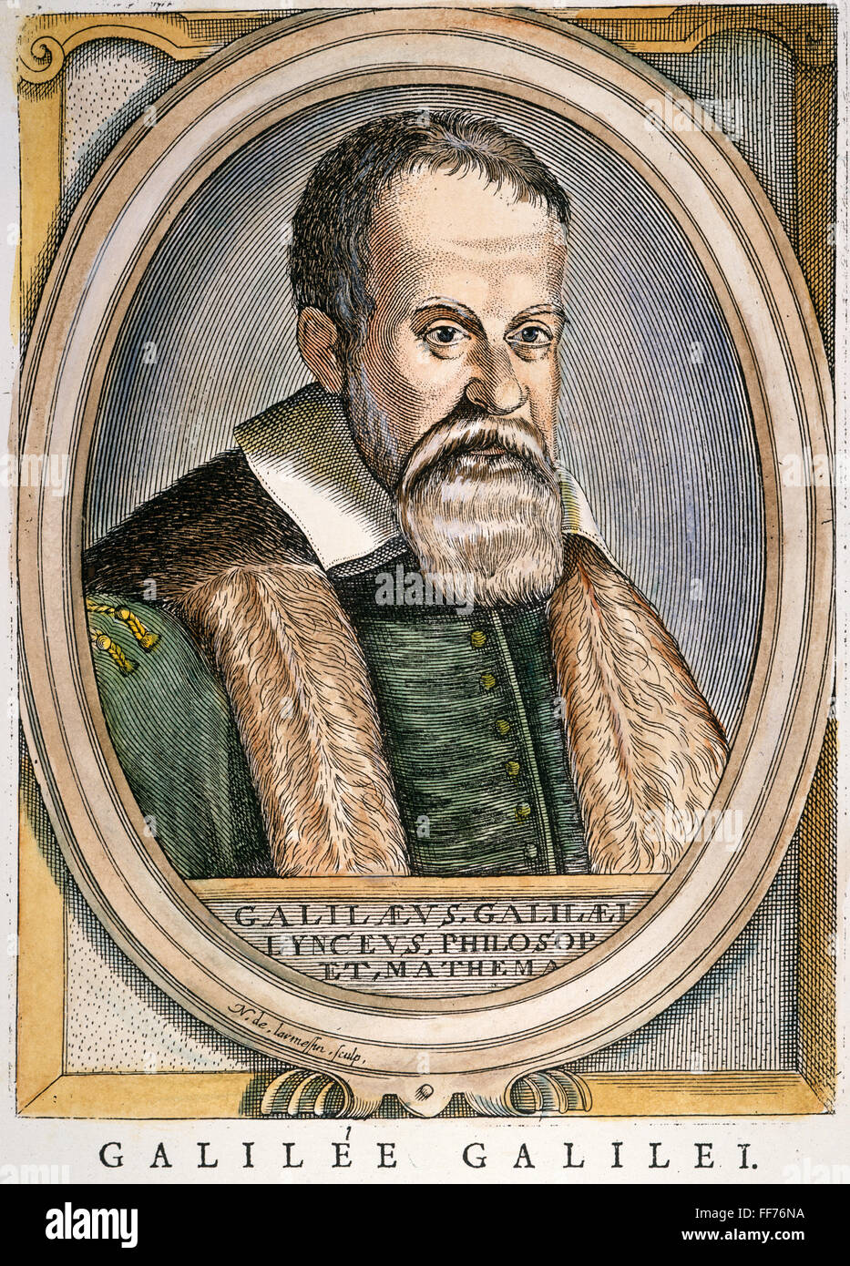 GALILEO GALILEI-/n(1564-1642). Flämische farbigen Gravur, 1695. Stockfoto