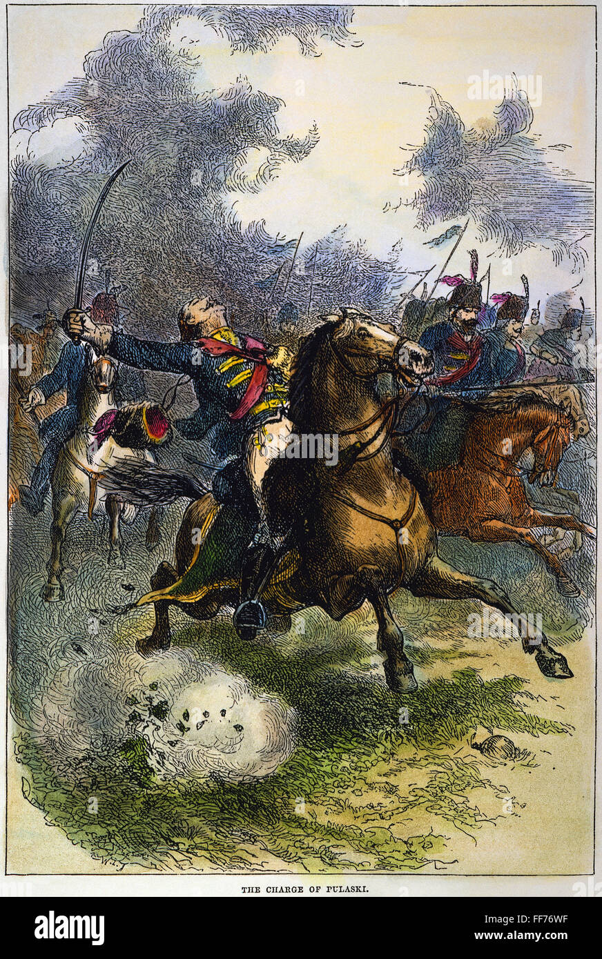 SAVANNAH: PULASKI, 1779. /nGeneral verwundet Casimir Pulaski tödlich bei der Schlacht von Savannah, 9. Oktober 1779. Amerikanische Gravur, 19. Jahrhundert. Stockfoto