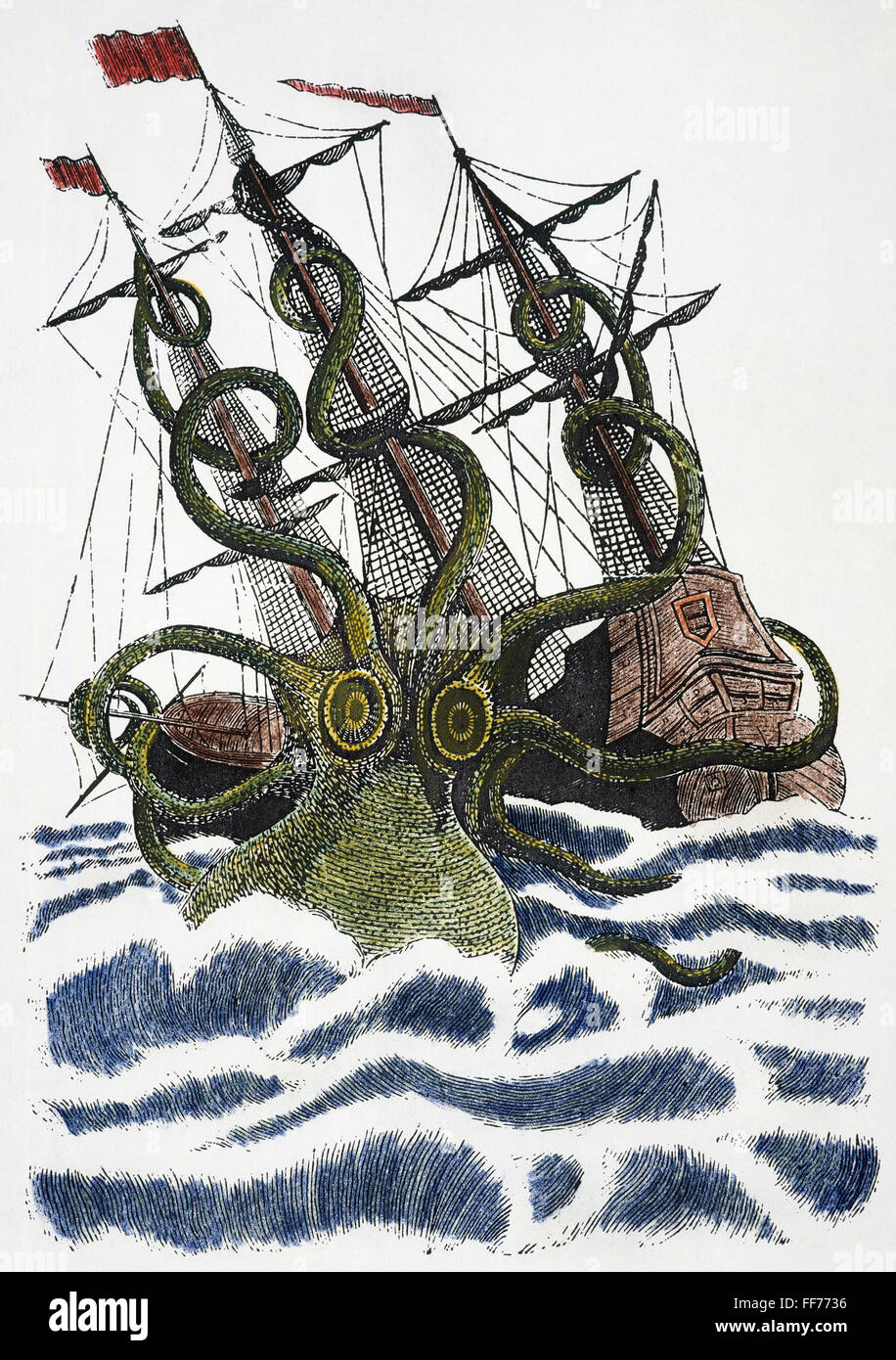RIESENKRAKEN. NUM Riesenkraken Angriff auf ein Schiff. Linie, Gravur, Französisch, nach einem Bild in der Kirche von St. Malo, Frankreich, 16. Jahrhundert. Stockfoto