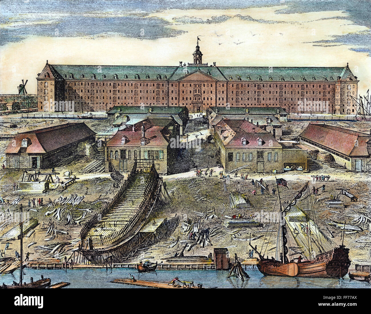 NIEDERLÄNDISCHE OSTINDIEN-KOMPANIE. /nWharf und Schiffbau Hof von der niederländischen Ostindien-Kompanie in Rotterdam. Kupfer, Gravur, 1694, von J. Mulder. Stockfoto
