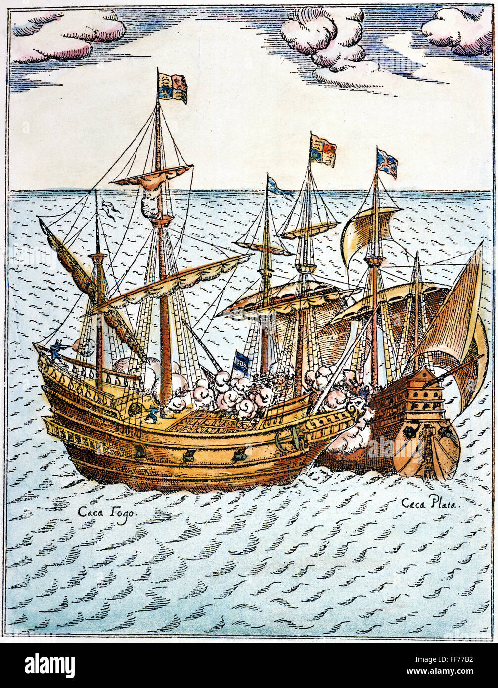 GOLDEN HIND, 1579. /nSir Francis Drakes Schiff im Kampf mit dem spanischen Schatz Schiff "Feuerspeier" vor der südamerikanischen Küste im Jahre 1579. Zeitgenössische Linie Gravur. Stockfoto