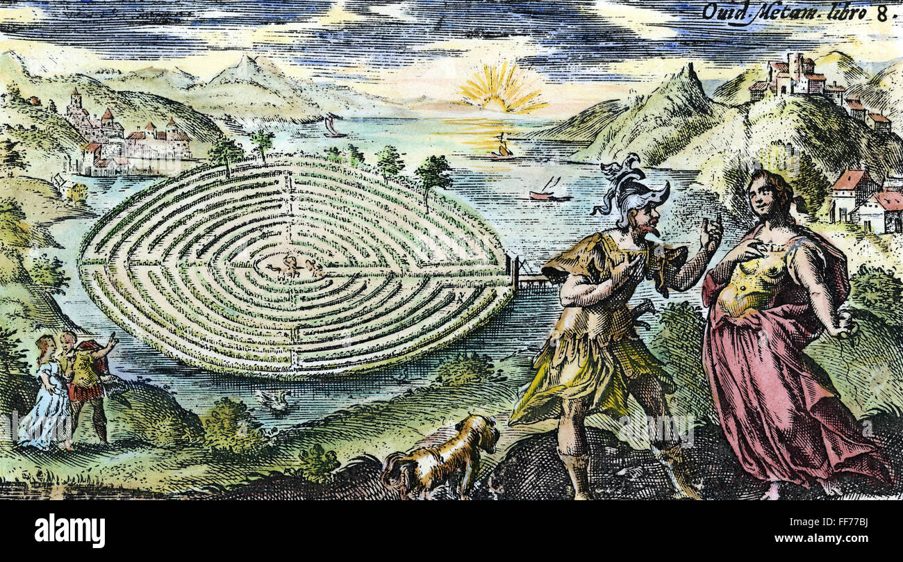 THESEUS & ARIADNE. /nTheseus Erlangung von Ariadne den Faden, mit dem er aus dem Labyrinth zu entkommen, nach den Minotaurus erschlagen. Farbige Gravur, 17. Jahrhundert. Stockfoto