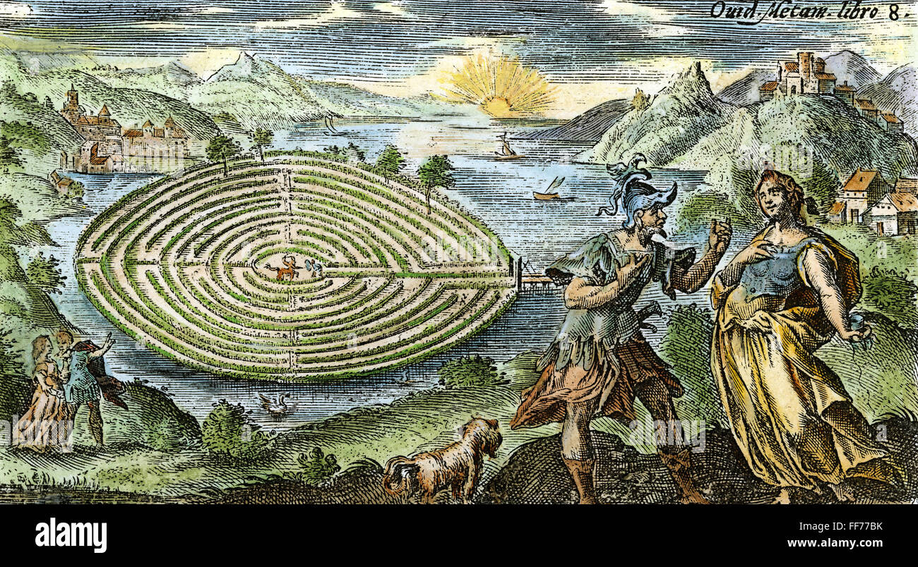 THESEUS & ARIADNE. /nTheseus Erlangung von Ariadne den Faden, mit dem er aus dem Labyrinth zu entkommen, nach den Minotaurus erschlagen. Farbige Gravur, 17. Jahrhundert. Stockfoto