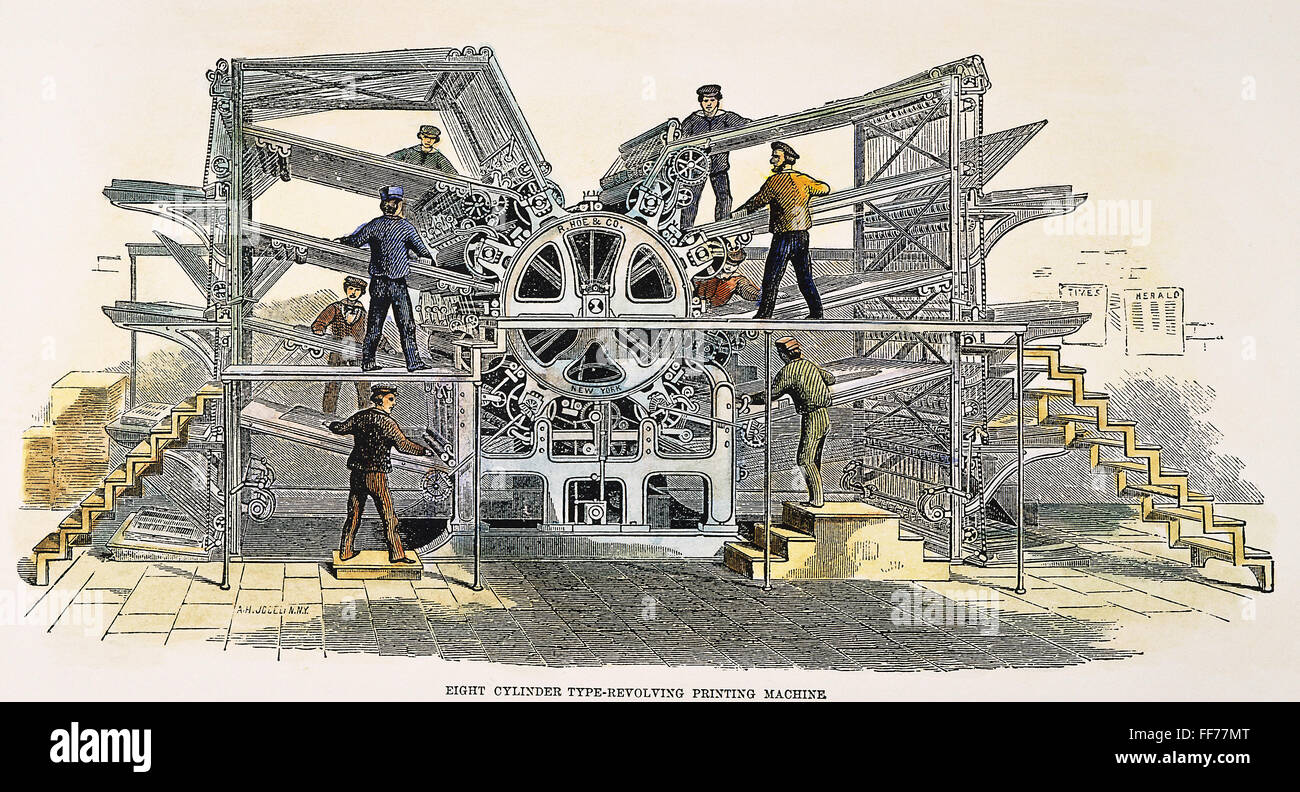 HACKEN DRUCKMASCHINE, 1847. /nRichard Hoe Achtzylinder-drehende Zeitungsdruckmaschine, 1847. Zeitgenössische Farbe Gravur. Stockfoto