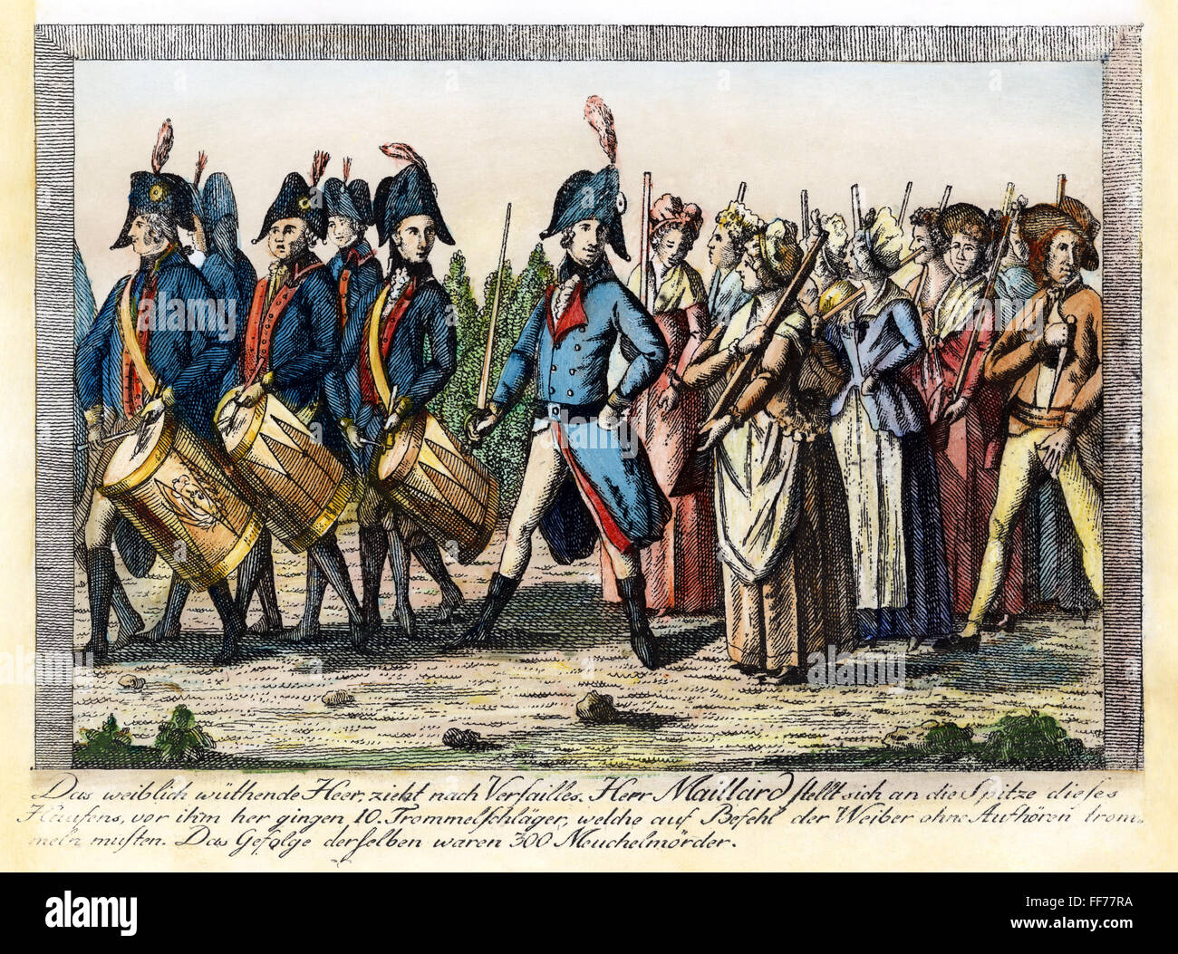 FRANZÖSISCHE REVOLUTION, 1789. /nThe Frauen Marsch nach Versailles am 5. Oktober 1789. Zeitgenössische deutsche Gravur. Stockfoto