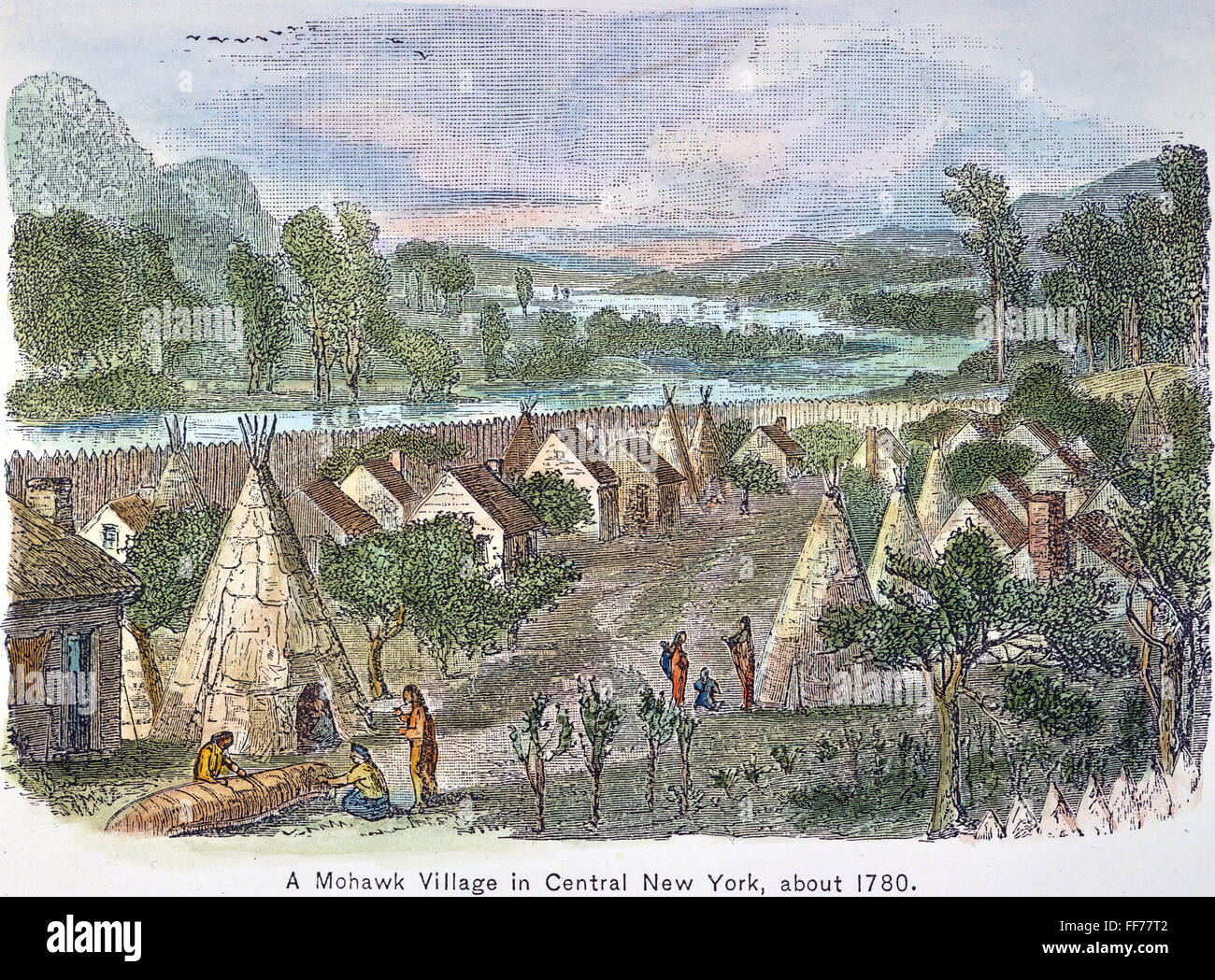 MOHAWK DORF, 1780. NUM Mohawk Indianer Dorf im Zentrum von New York, c1780. Kupferstich, 19. Jahrhundert. Stockfoto