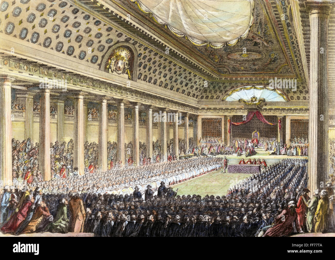 FRANZÖSISCHE REVOLUTION, 1789. / nKing Louis XVI den Vorsitz bei der Eröffnung der Generalstände in Versailles am 5. Mai 1789. Zeitgenössischen niederländischen Gravur. Stockfoto