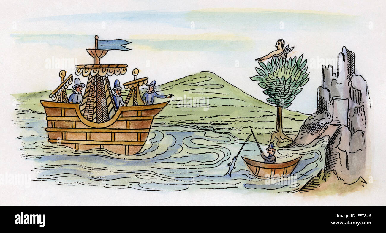 SPANISCHE Eroberung, c1519. /nThe Ankunft in Mexiko ein spanisches Schiff aus Kuba, c1519. Aztekische Zeichnung. Stockfoto