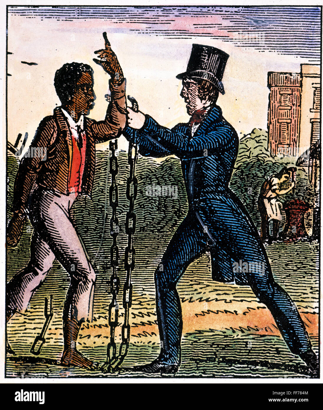 EINE Abschaffung der Todesstrafe /nfreeing ein Sklave von seinen Fesseln. Farbe Holzschnitt, c1840, von einem amerikanischen Anti-Sklaverei-Almanach. Stockfoto