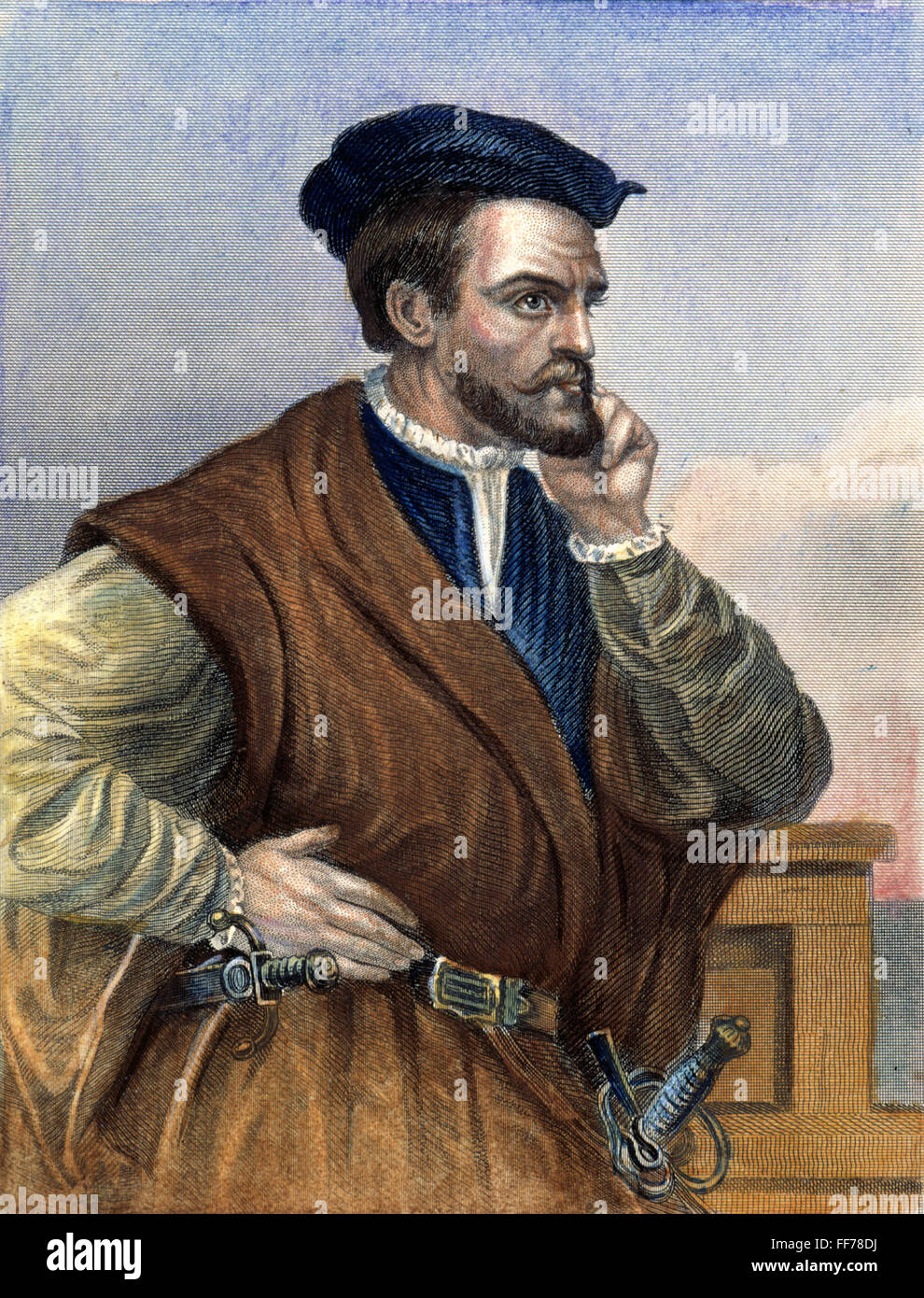JACQUES CARTIER (1491-1557). /nFrench Seefahrer und Entdecker. Farbige Gravur. Stockfoto