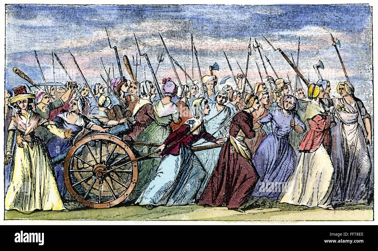 FRANZÖSISCHE REVOLUTION, 1789. /nParisian Frauen nach Versailles am 5. Oktober 1789 marschieren. Zeitgenössische Linie Gravur. Stockfoto