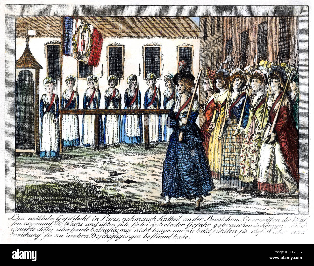 FRANZÖSISCHE REVOLUTION, 1789. /nRevolutionary Guardswomen von Paris, während die anfängliche Leidenschaft der Revolution. Zeitgenössische deutsche Linie Gravur. Stockfoto