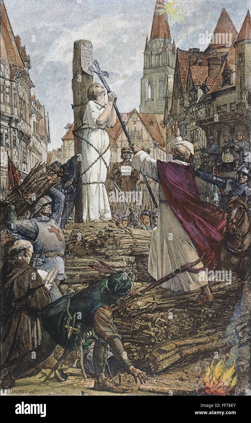 Ausführung von JOAN OF ARC /nat Rouen, Frankreich, am 30 Mai 1431: Holzstich, Französisch, 19. Jahrhundert. Stockfoto