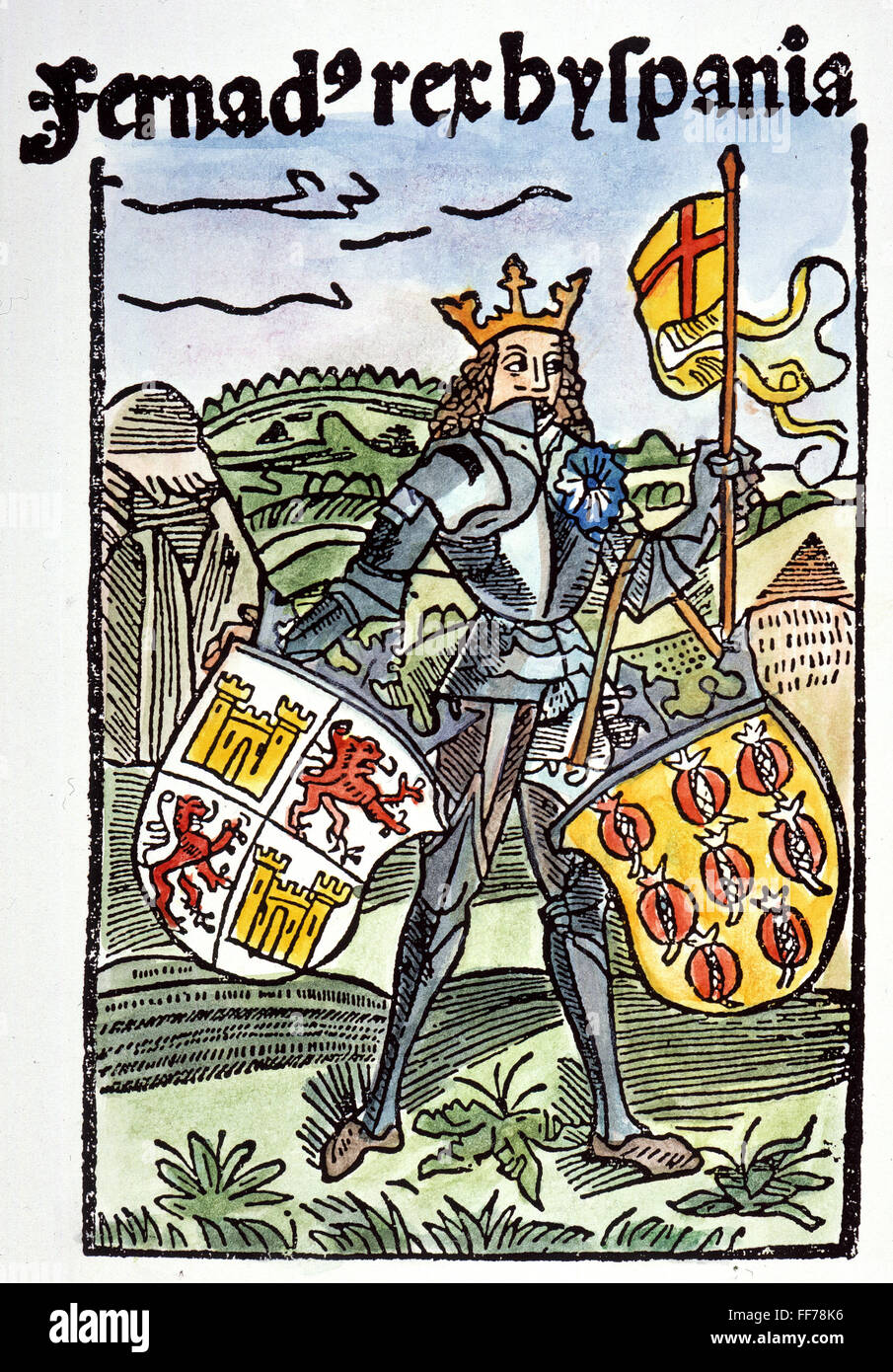König FERDINAND V von Kastilien /n(1452-1516) nach seiner Eroberung 1492 Granada, deren Schild er auf seinem linken Arm trägt: Holzschnitt aus der illustrierten Ausgabe des Columbus-Brief an Sanchez, 1493. Stockfoto