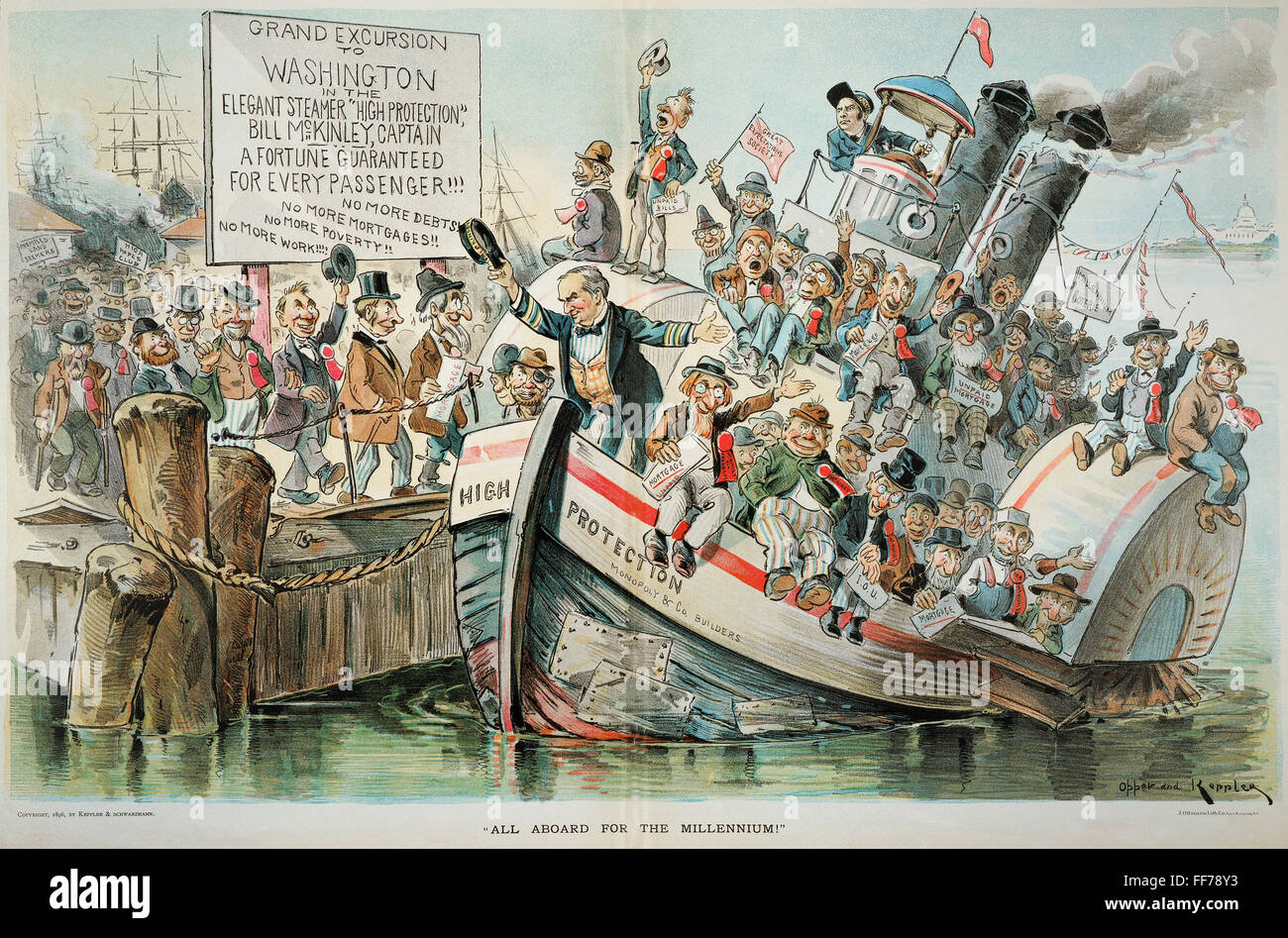 McKINLEY CARTOON, 1896. /n'All an Bord des Jahrtausends. " Ein Anti William McKinley cartoon von 1896. Stockfoto