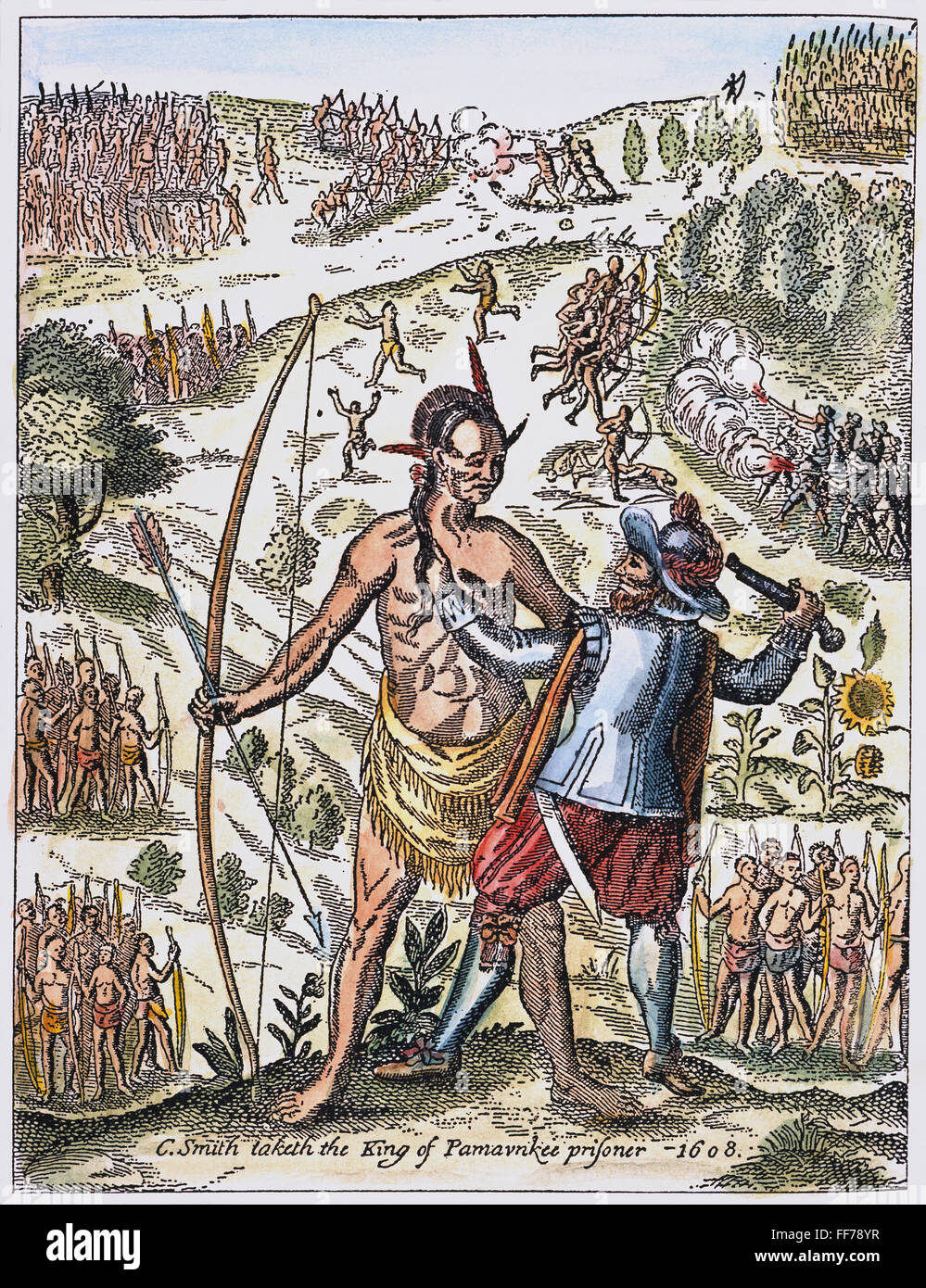JOHN SMITH & GEFANGEN. /nCaptain John Smith unter Indianischer Häuptling gefangen im Jahre 1608. Kupferstich von Smiths "Allgemeine Historie von Virginia", 1624. Stockfoto